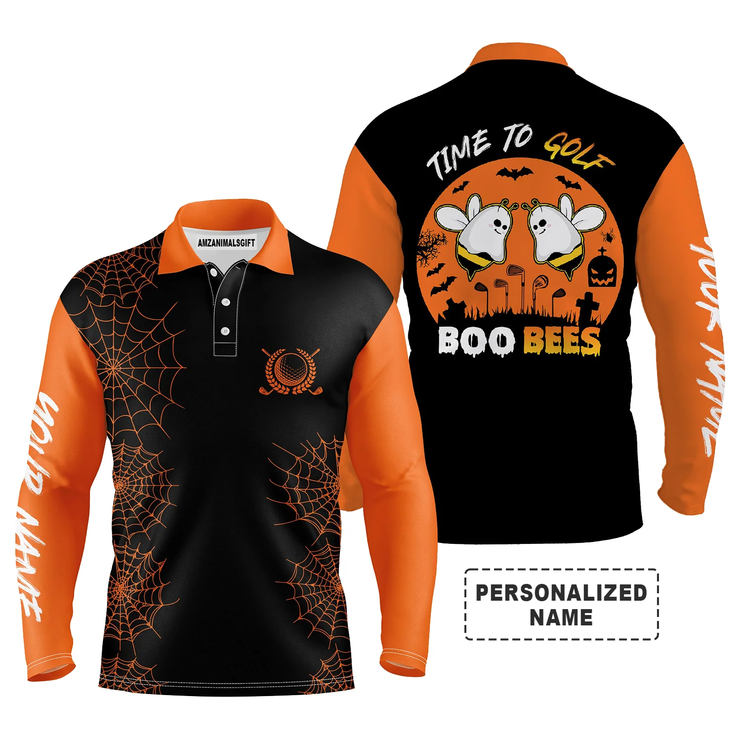 Custom Golf Men Polo Shirt - Funny Black Orange Halloween Golf Polo Shirts, Time To Golf Boo Bees Men Polo Shirt - Perfect Polo Shirt For Men - Image 3