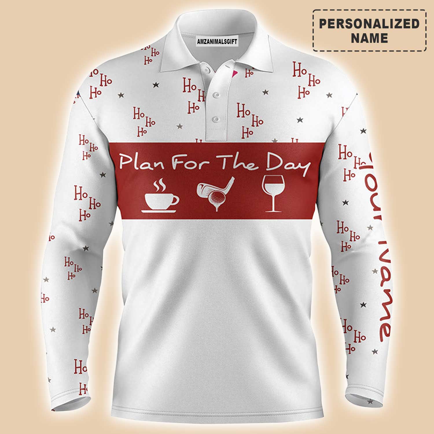 Custom Golf Men Polo Shirt- Funny Christmas Hohoho Pattern Custom Name, Plan For The Day Coffee Golf Men Polo Shirt - Perfect Polo Shirt For Men - Image 2