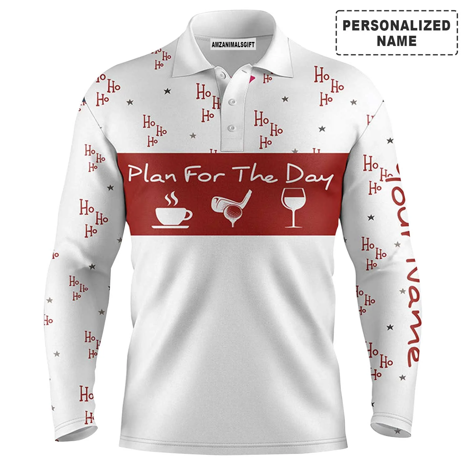 Custom Golf Men Polo Shirt- Funny Christmas Hohoho Pattern Custom Name, Plan For The Day Coffee Golf Men Polo Shirt - Perfect Polo Shirt For Men - Image 3