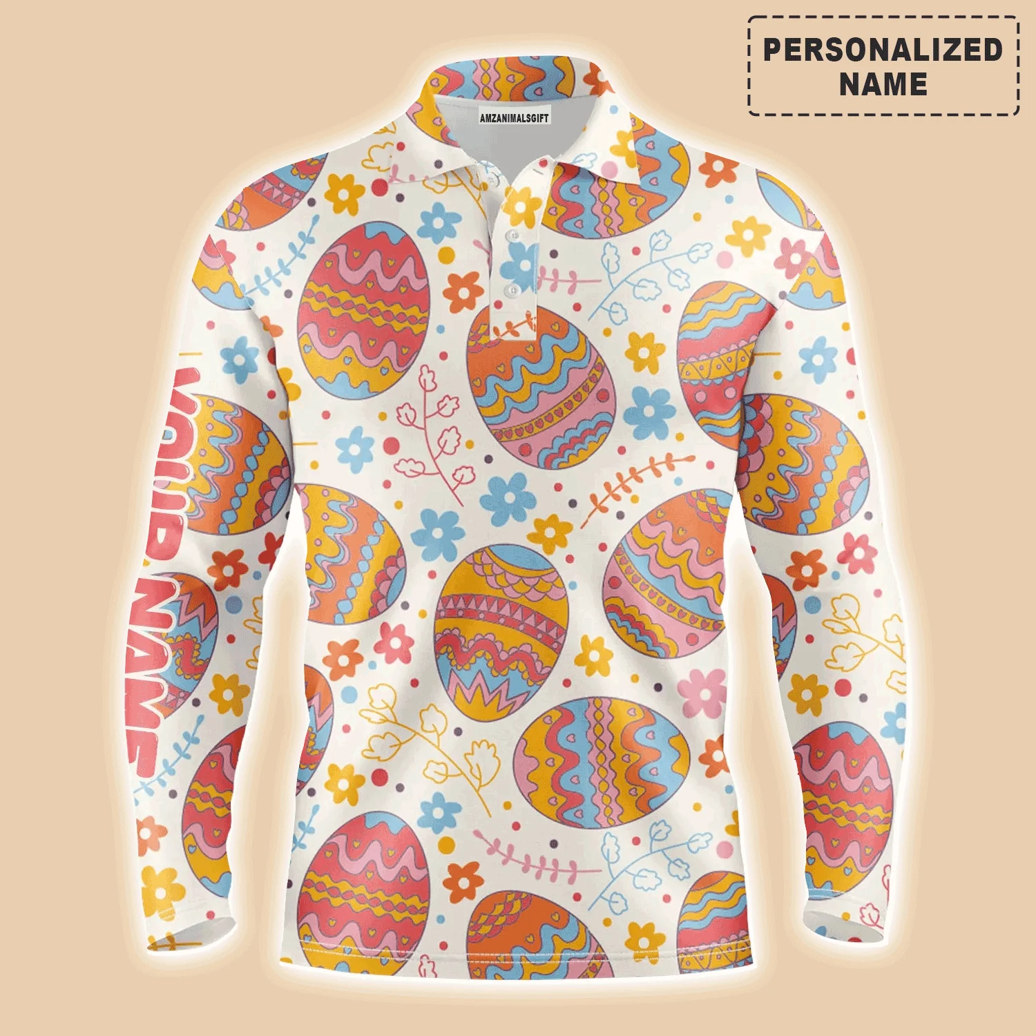 Custom Easter Men Polo Shirt - Funny Easter Eggs Pattern Custom Name Golf Men Polo Shirt - Perfect Personalized Polo Shirt For Men, Golfers - Image 2