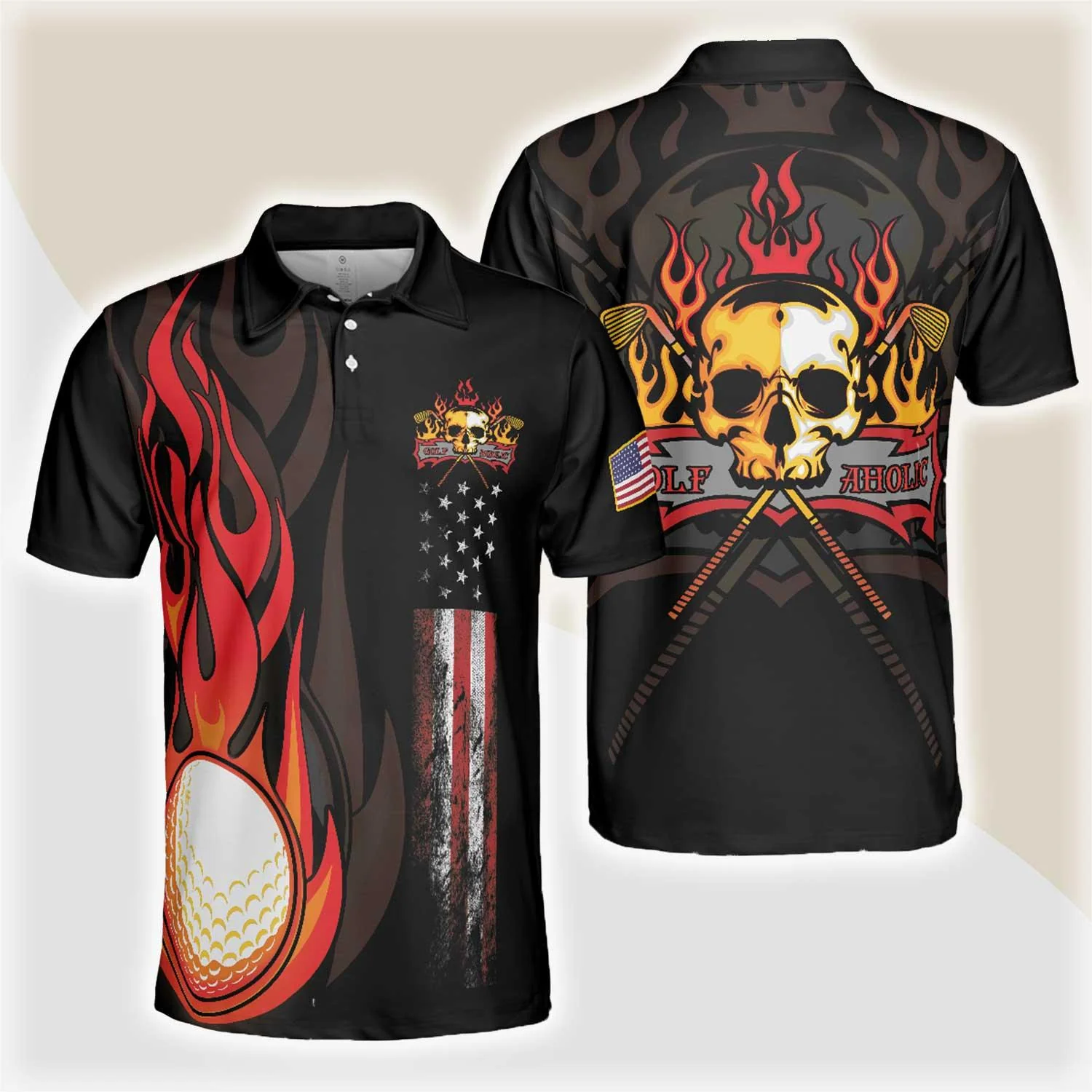 Custom Golf Men Polo Shirt - Golf Flame Skull Golf Men Polo Shirt, Black American Flag Golf Shirt For Men - Perfect Polo Shirt For Men, Golfers
