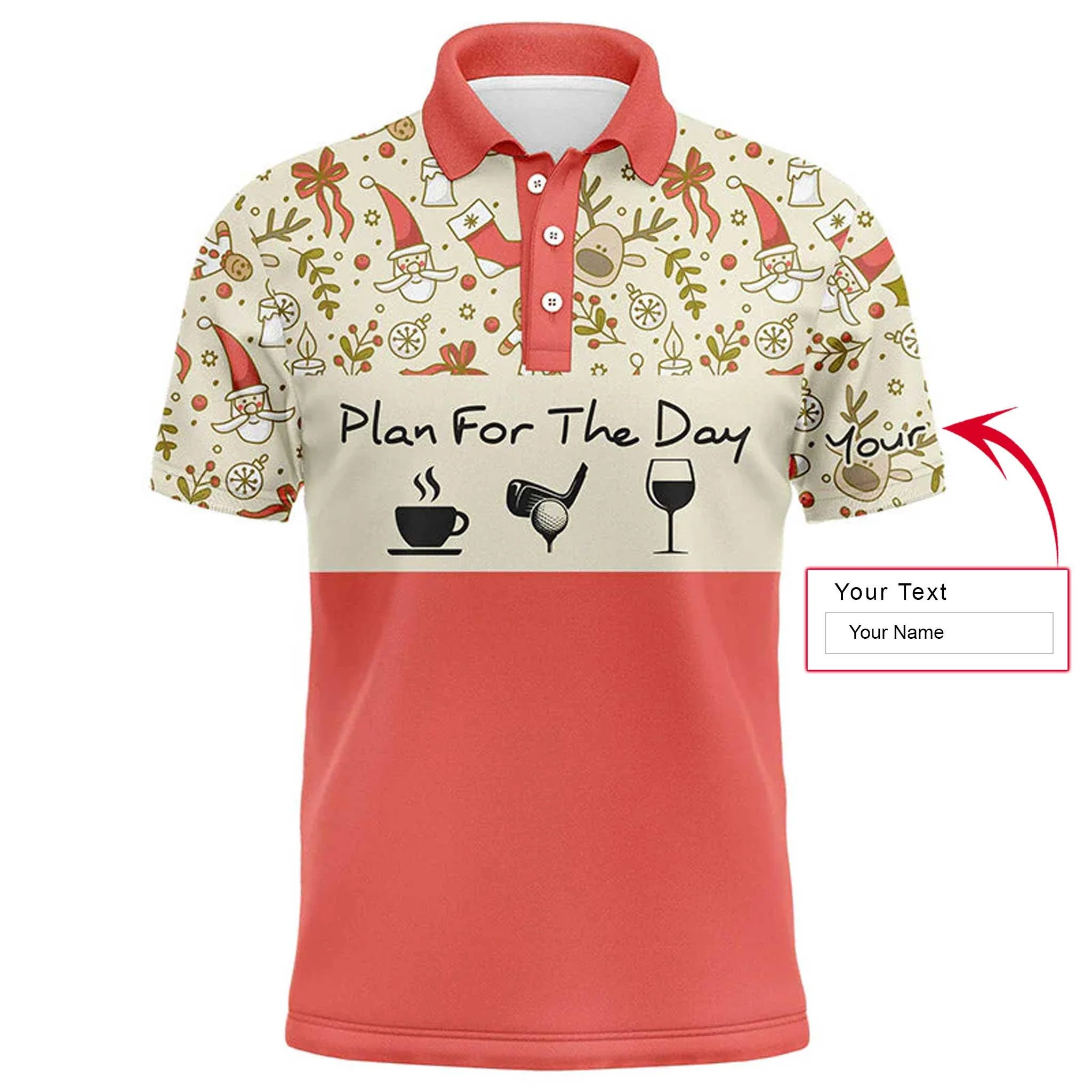 Custom Golf Men Polo Shirt - Lovely Christmas Pattern Custom Name Apparel, Plan For The Day Coffee Golf Men Polo Shirt - Perfect Polo Shirt For Men