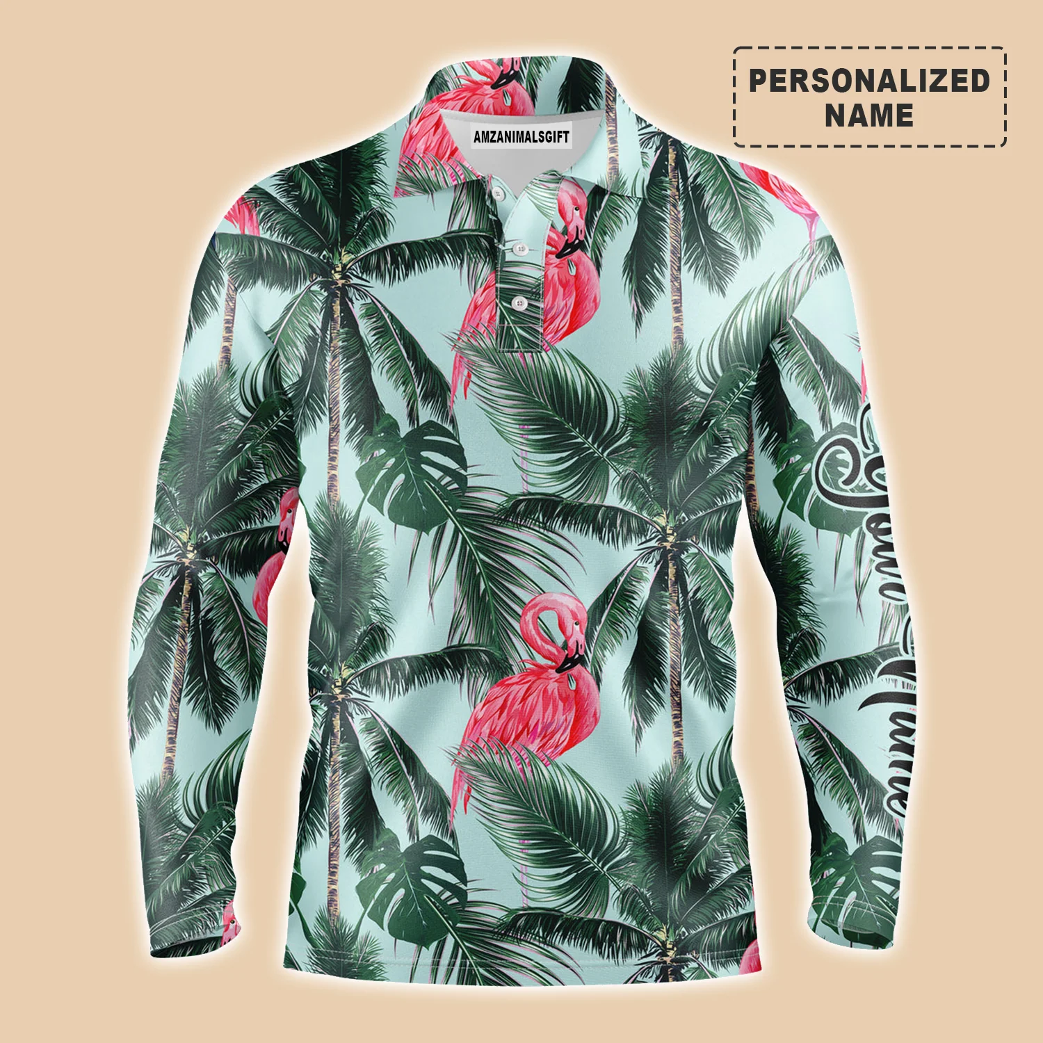 Custom Men Polo Shirt - Pink Flamingo Tropical Palm Leaves Custom Name Apparel Men Polo Shirt - Personalized Gift For Friends, Family - Image 3