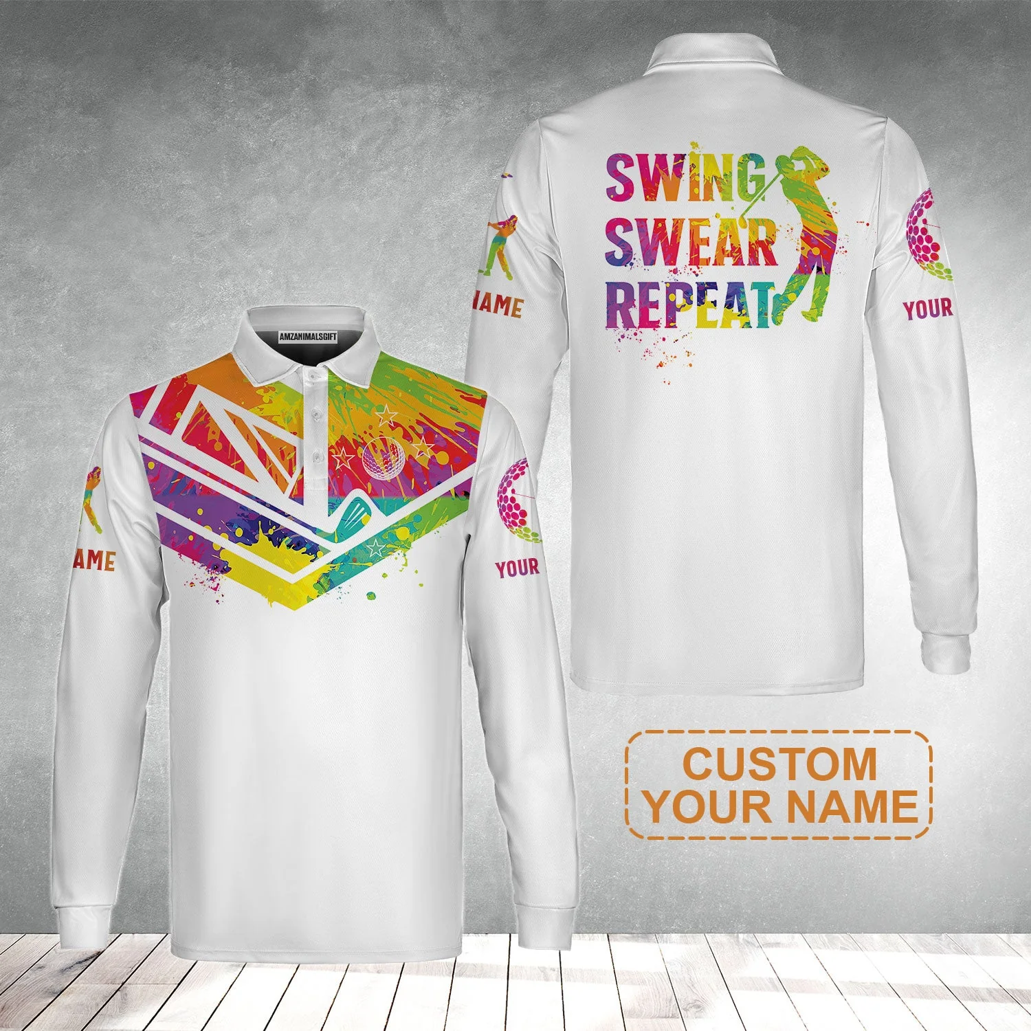 Custom Golf Men's Long Sleeve Polo Shirt - Watercolor New Zealand Flag Custom Name White Apparel, Swing Swear Repeat Men's Long Sleeve Polo Shirt - Perfect Polo Shirt For Men - Image 2