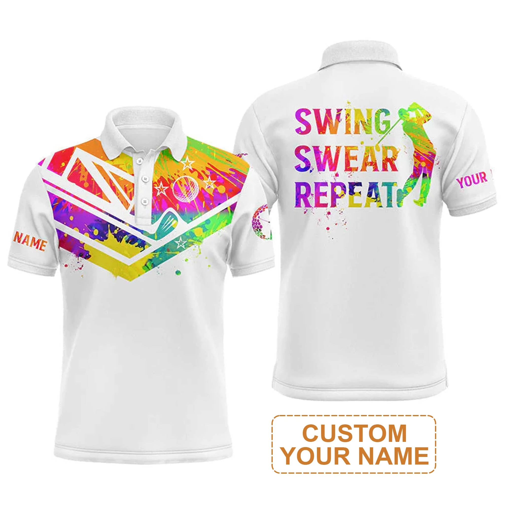 Custom Golf Men's Long Sleeve Polo Shirt - Watercolor New Zealand Flag Custom Name White Apparel, Swing Swear Repeat Men's Long Sleeve Polo Shirt - Perfect Polo Shirt For Men - Image 4