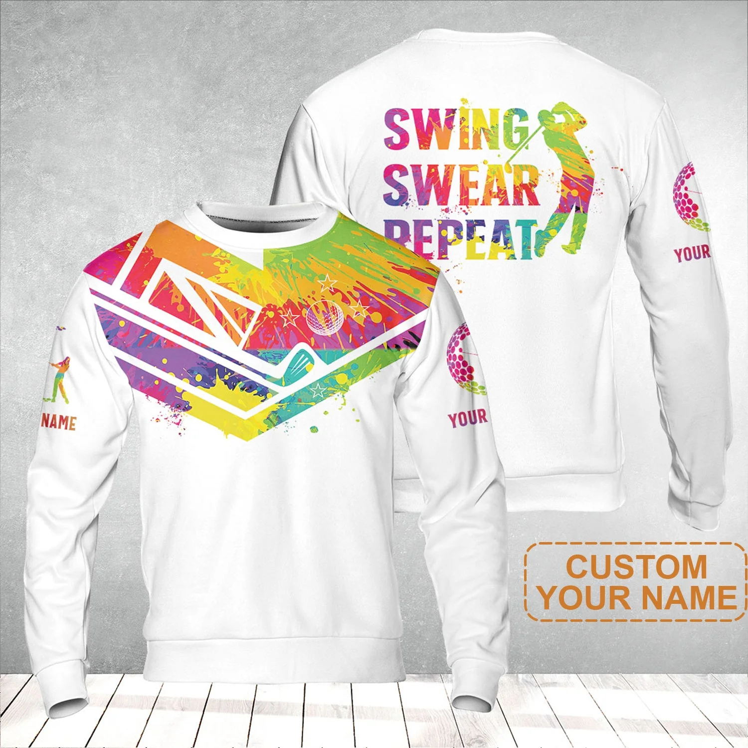 Custom Golf Men's Long Sleeve Polo Shirt - Watercolor New Zealand Flag Custom Name White Apparel, Swing Swear Repeat Men's Long Sleeve Polo Shirt - Perfect Polo Shirt For Men - Image 8