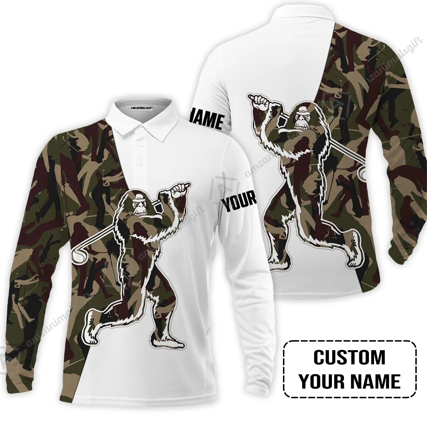 Custom Golf Sweatshirt - Funny Bigfoot Golf Sweatshirt, Camo Pattern Custom Name Sasquatch Playing Golf Apparel - Image 6