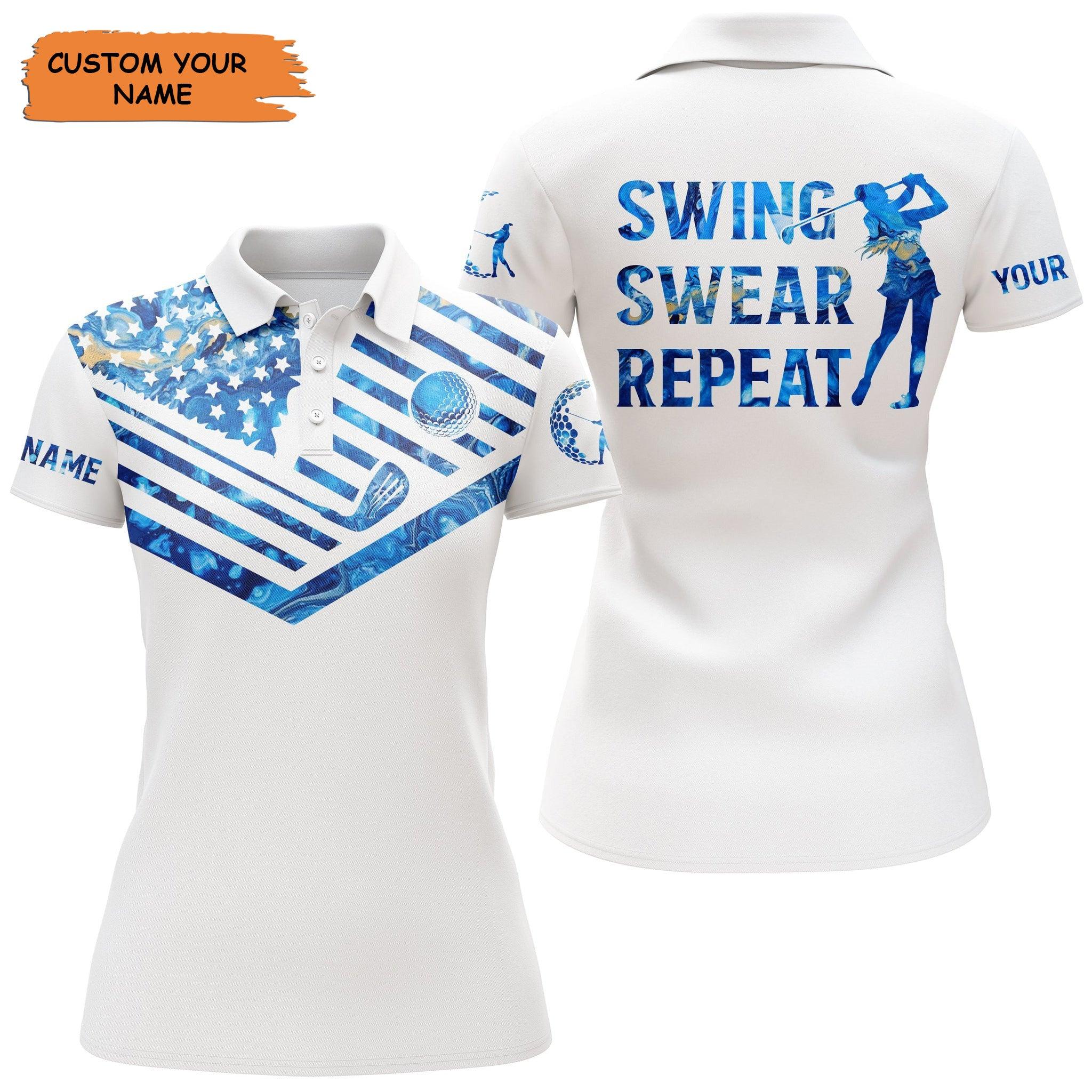 Custom Golf Women Polo Shirt - Women Golf Polo Shirt Blue Pattern American Flag Custom Name Swing Swear Repeat - Perfect Polo Shirt For Womens