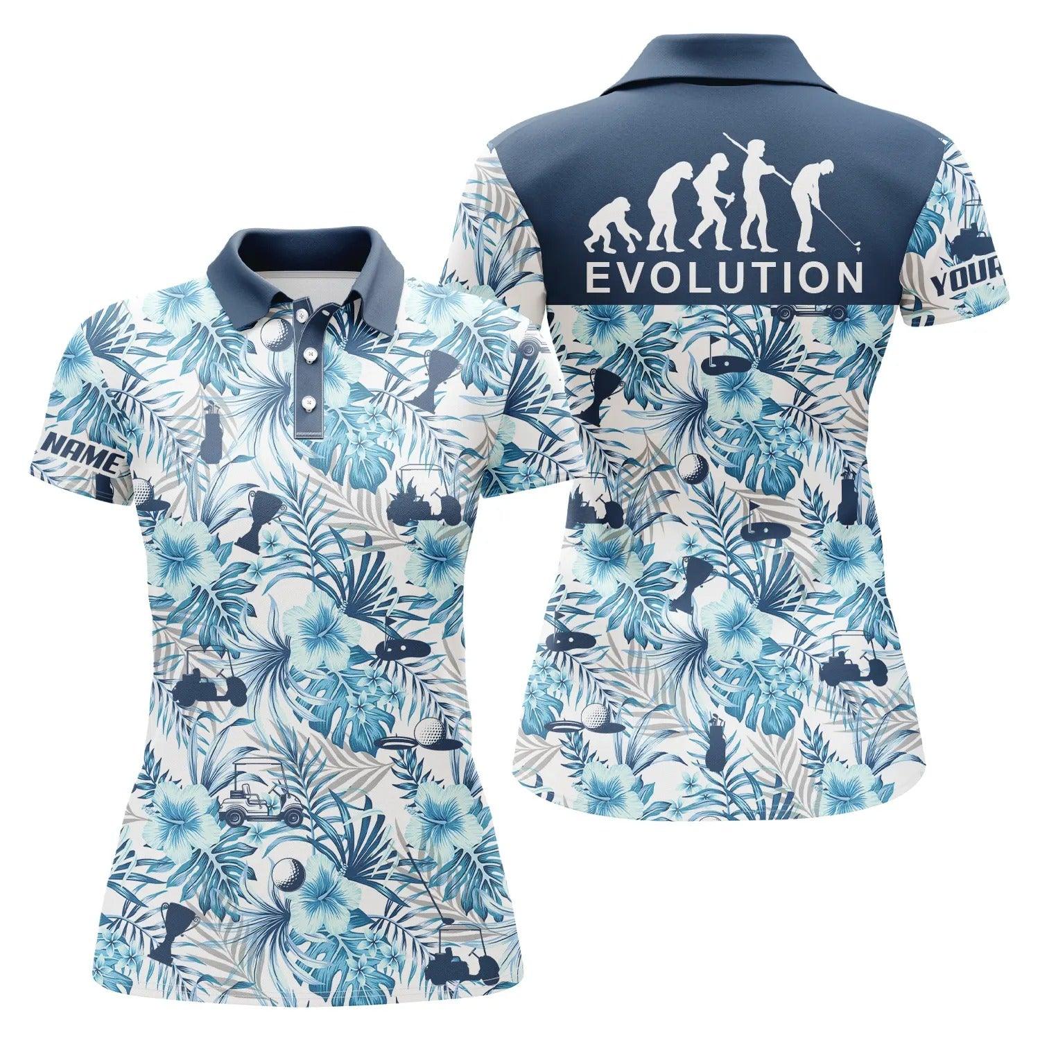 Custom Golf Women Polo Shirt - Women Golf Polo Shirt Blue Tropical Plant Pattern Golf Shirts Custom Evolution Golf Gift - Perfect Polo Shirt For Women - Image 2