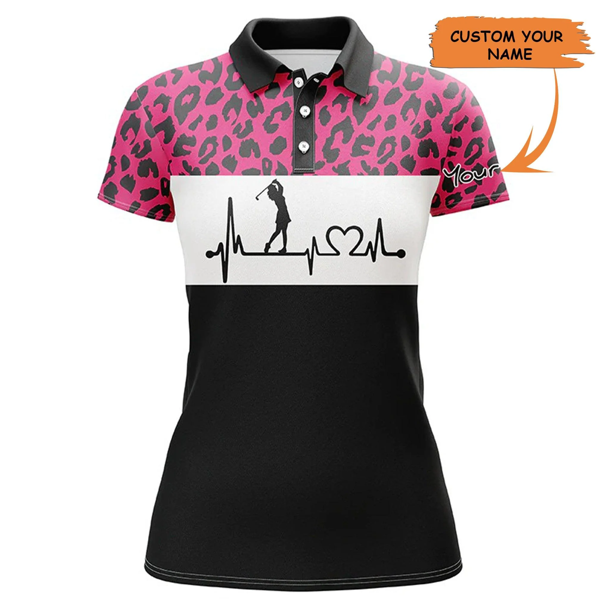 Custom Golf Women Polo Shirt - Women Golf Polo Shirt Custom Name Pink Leopard Pattern Golf Heartbeat - Perfect Polo Shirt For Women