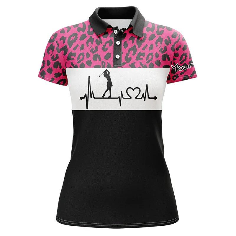 Custom Golf Women Polo Shirt - Women Golf Polo Shirt Custom Name Pink Leopard Pattern Golf Heartbeat - Perfect Polo Shirt For Women - Image 2