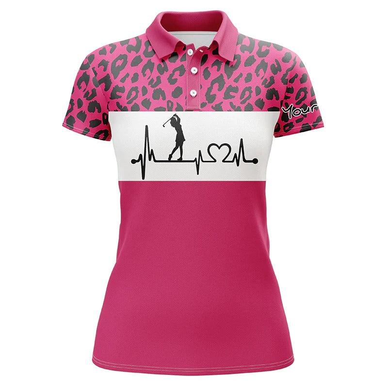 Custom Golf Women Polo Shirt - Women Golf Polo Shirt Custom Name Pink Leopard Pattern Golf Heartbeat - Perfect Polo Shirt For Women - Image 3