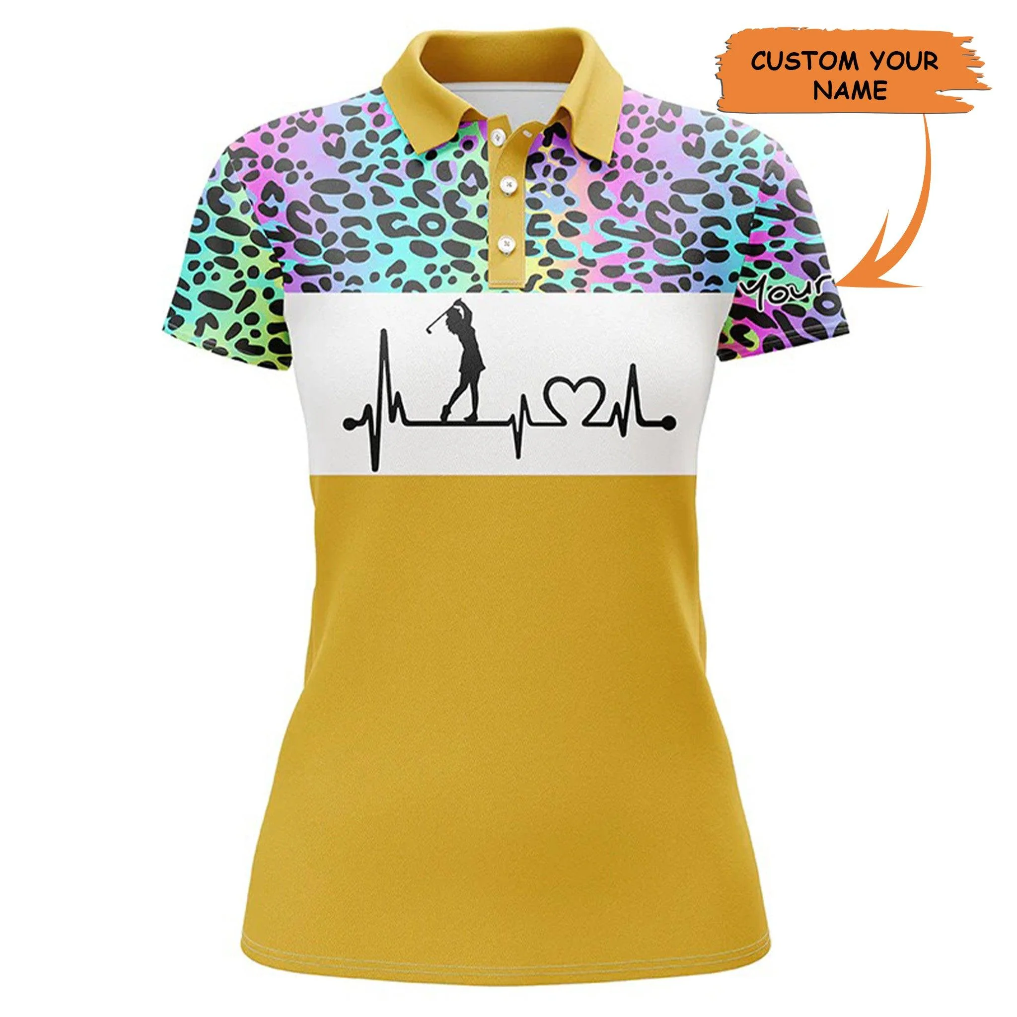Custom Golf Women Polo Shirt - Women Golf Polo Shirt Custom Name Rainbow Gradient Leopard Golf Heartbeat - Perfect Polo Shirt For Women