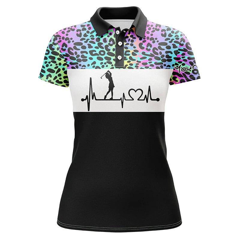 Custom Golf Women Polo Shirt - Women Golf Polo Shirt Custom Name Rainbow Gradient Leopard Golf Heartbeat - Perfect Polo Shirt For Women - Image 3