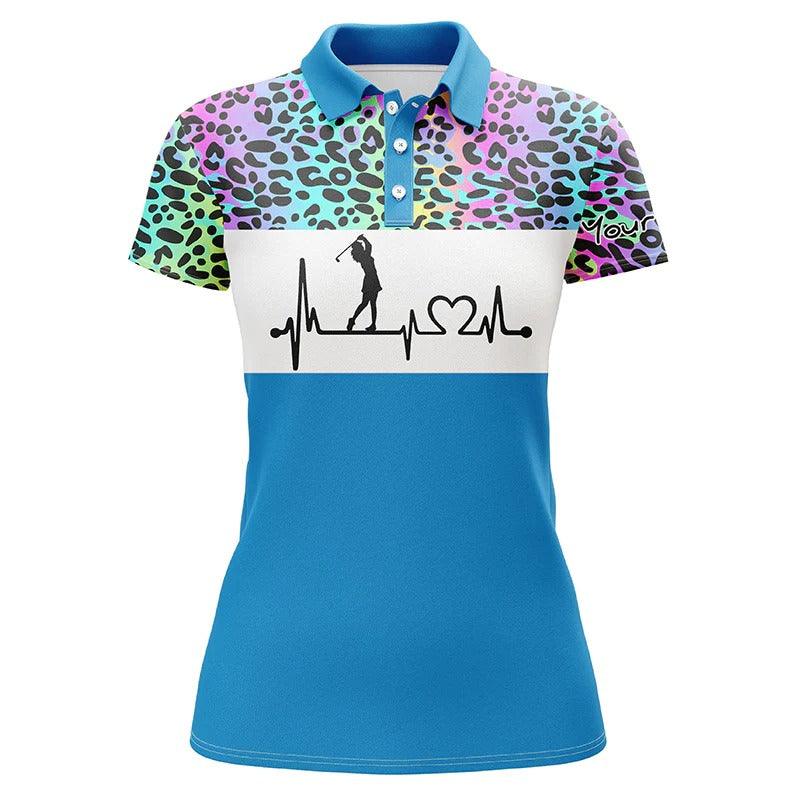 Custom Golf Women Polo Shirt - Women Golf Polo Shirt Custom Name Rainbow Gradient Leopard Golf Heartbeat - Perfect Polo Shirt For Women - Image 4