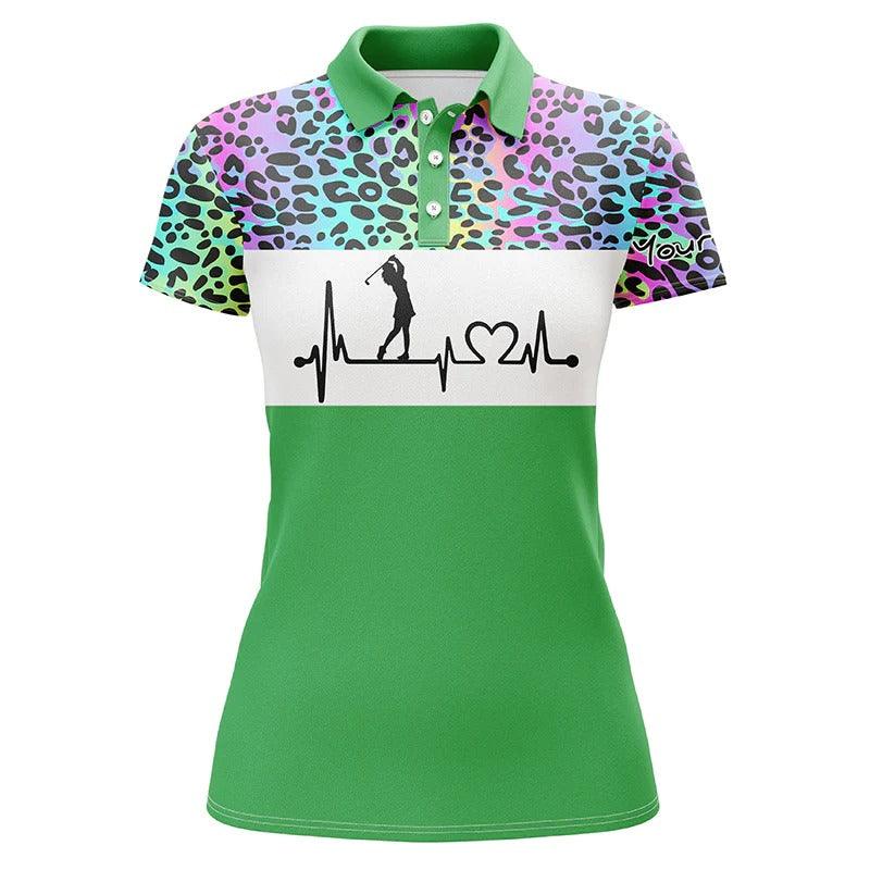 Custom Golf Women Polo Shirt - Women Golf Polo Shirt Custom Name Rainbow Gradient Leopard Golf Heartbeat - Perfect Polo Shirt For Women - Image 5
