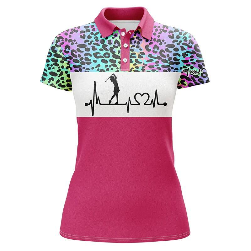 Custom Golf Women Polo Shirt - Women Golf Polo Shirt Custom Name Rainbow Gradient Leopard Golf Heartbeat - Perfect Polo Shirt For Women - Image 6