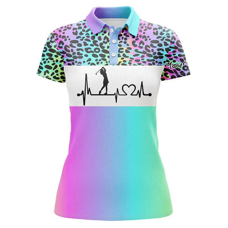Custom Golf Women Polo Shirt - Women Golf Polo Shirt Custom Name Rainbow Gradient Leopard Golf Heartbeat - Perfect Polo Shirt For Women - Image 7