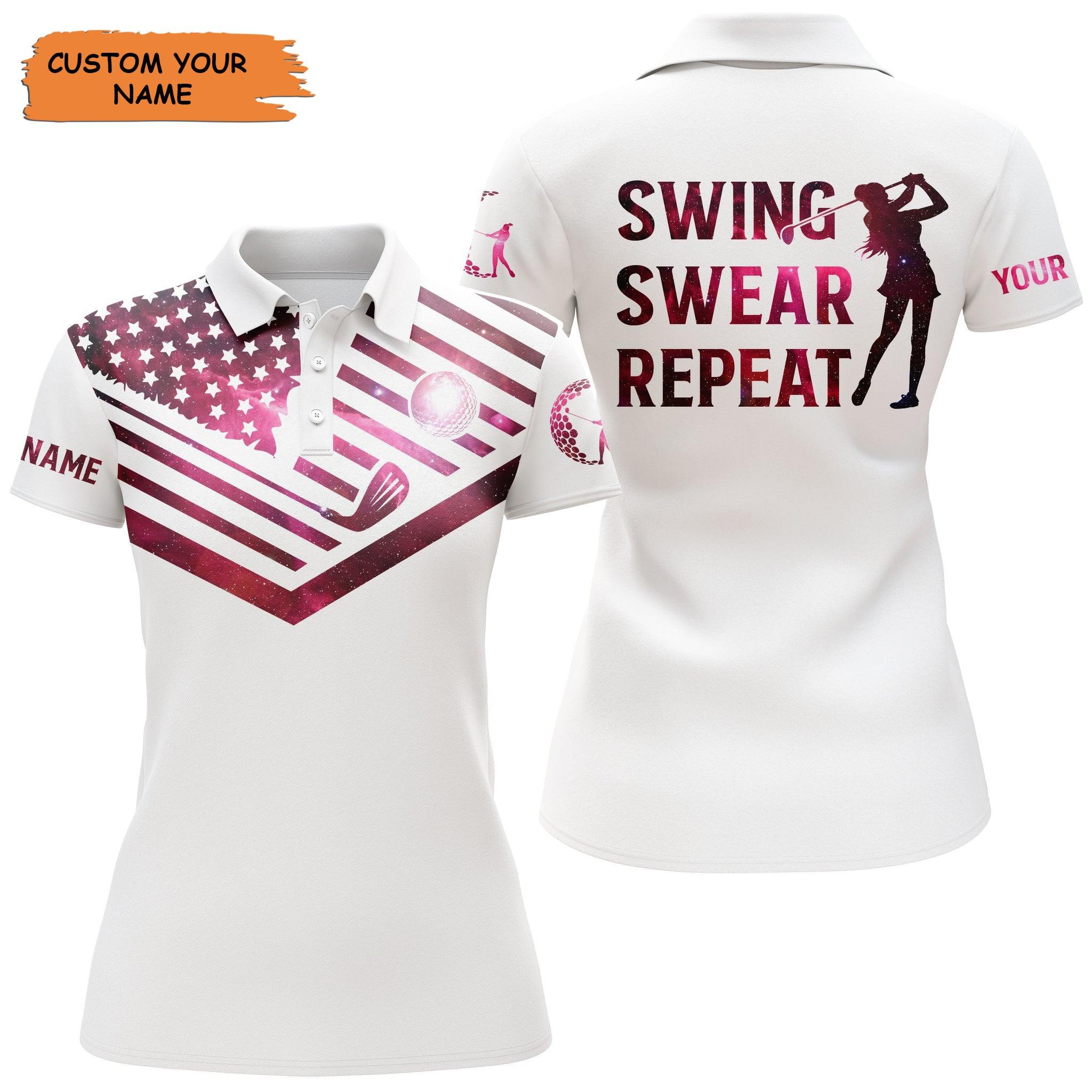 Custom Golf Women Polo Shirt, Women Golf Polo Shirt Pink Galaxy American Flag Custom Name Swing Swear Repeat White - Perfect Polo Shirt For Women