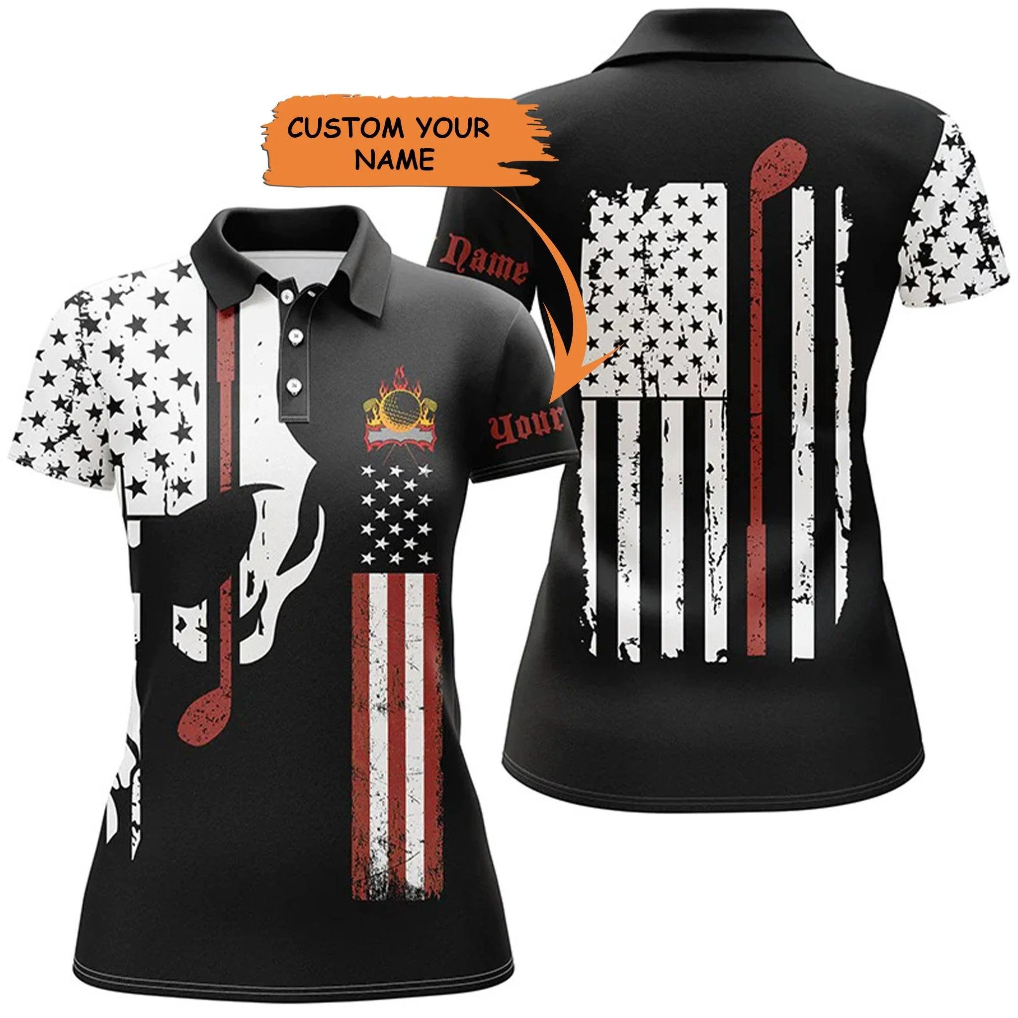 Custom Golf Women Polo Shirt, Womens Golf Polo Shirt American Flag Shirt Golf Skull Club Custom Name Polo Shirt - Perfect Polo Shirt For Women