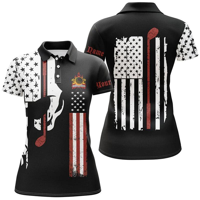 Custom Golf Women Polo Shirt, Womens Golf Polo Shirt American Flag Shirt Golf Skull Club Custom Name Polo Shirt - Perfect Polo Shirt For Women - Image 2
