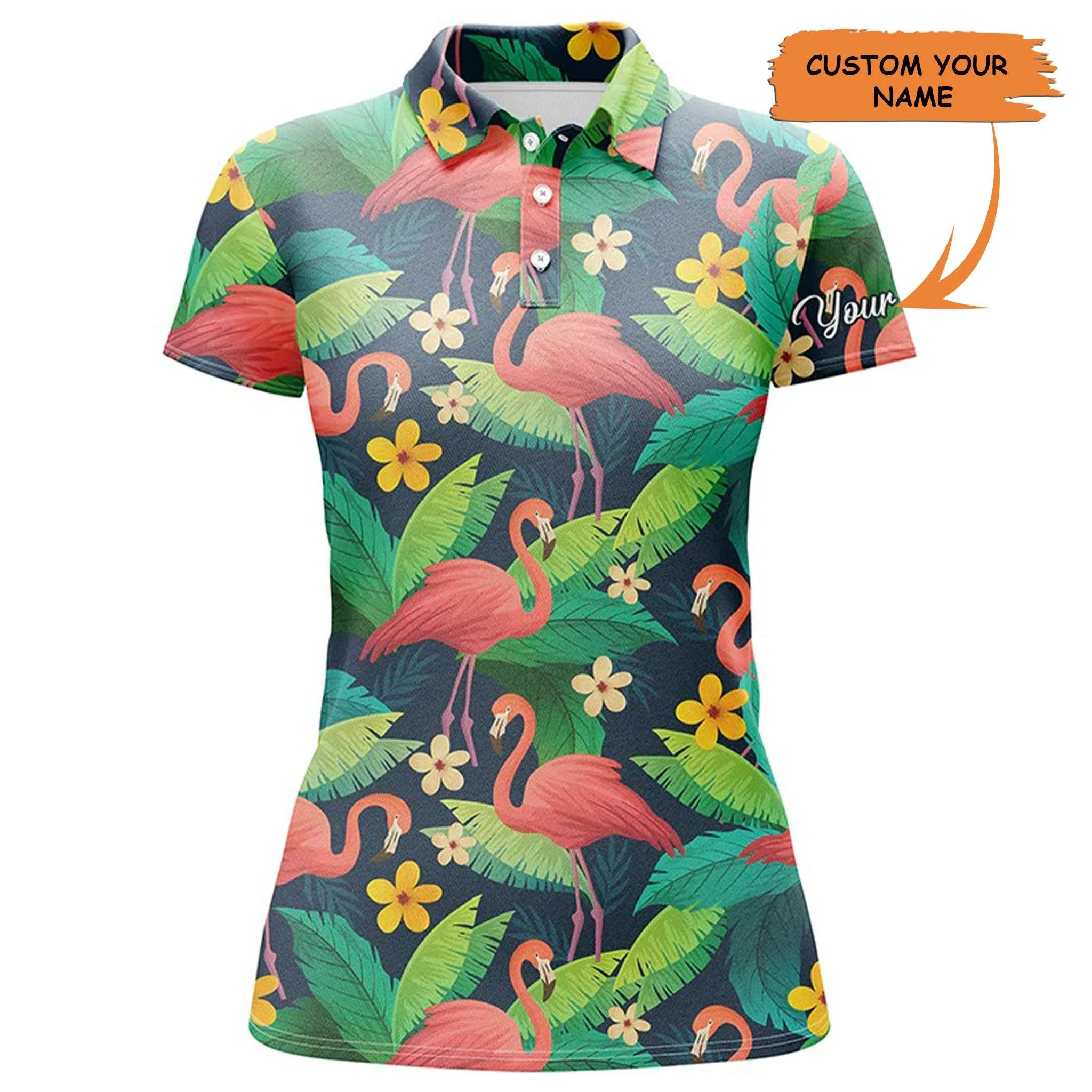 Custom Womens Polo Shirt - Women Polo Shirts Colorful Flamingo Pattern Green Tropical Leaves - Perfect Polo Shirt For Womens