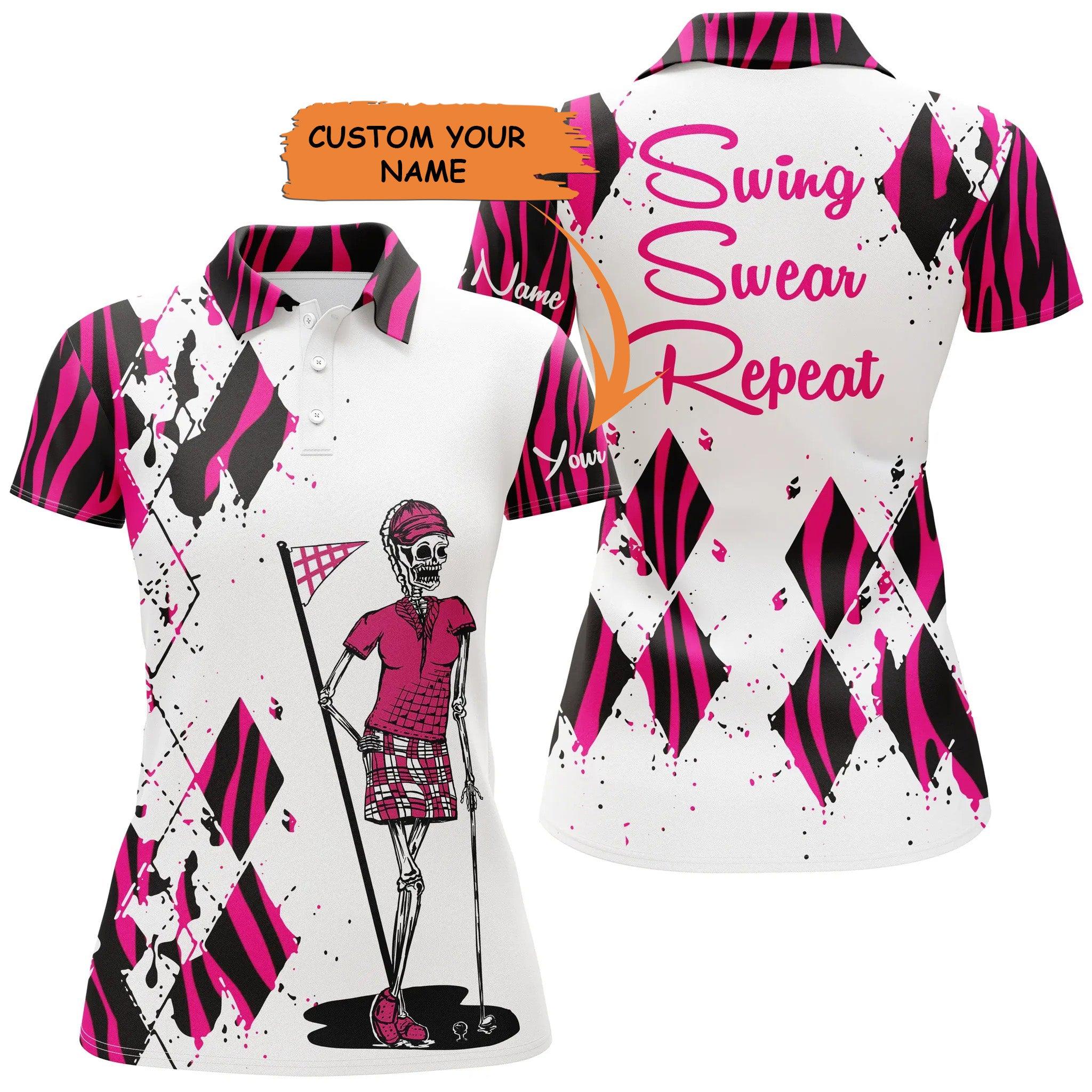 Custom Golf Womens Polo Shirt - Women Golf Polo Shirts Custom Funny Ladies Golf Skull Pink Zebra Pattern Golf Shirt - Perfect Polo Shirt For Womens