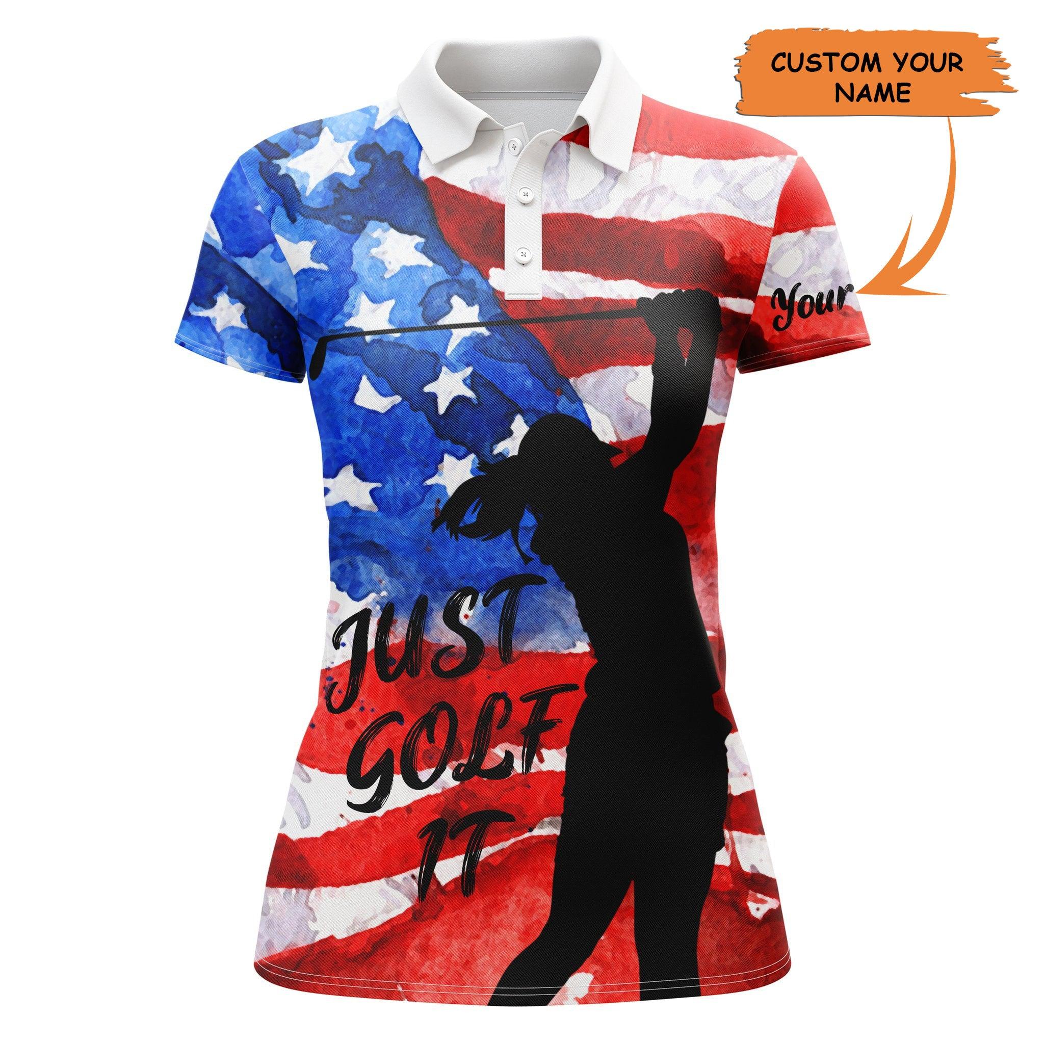 Customized Name Golf Women Polo Shirts, American Flag Just Golf It Custom Name Golf Gifts For Women - Perfect Gift For Ladies, Golf Lovers, Golfers