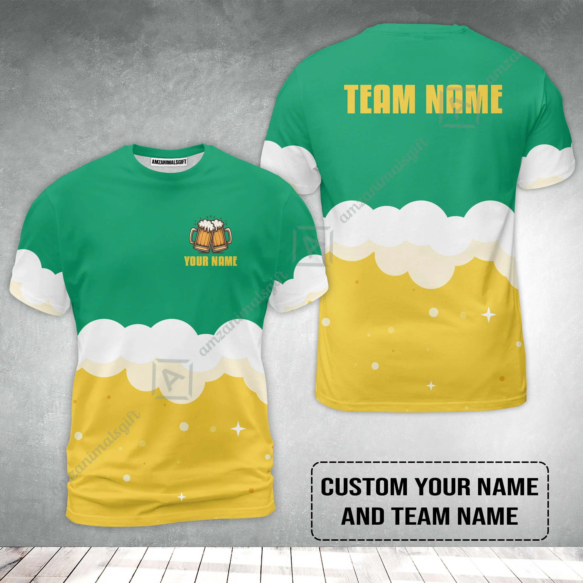 Custom Green White Yellow Beer Pattern Design Oktoberfest Beer Festival Performance T-Shirt - Image 2