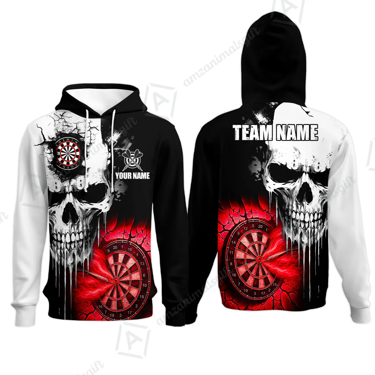 Custom Grunge Skull Crack Wall Darts Team Hoodie, Customized Name Team Name Darts Polo Team Jerseys Uniform - Image 4