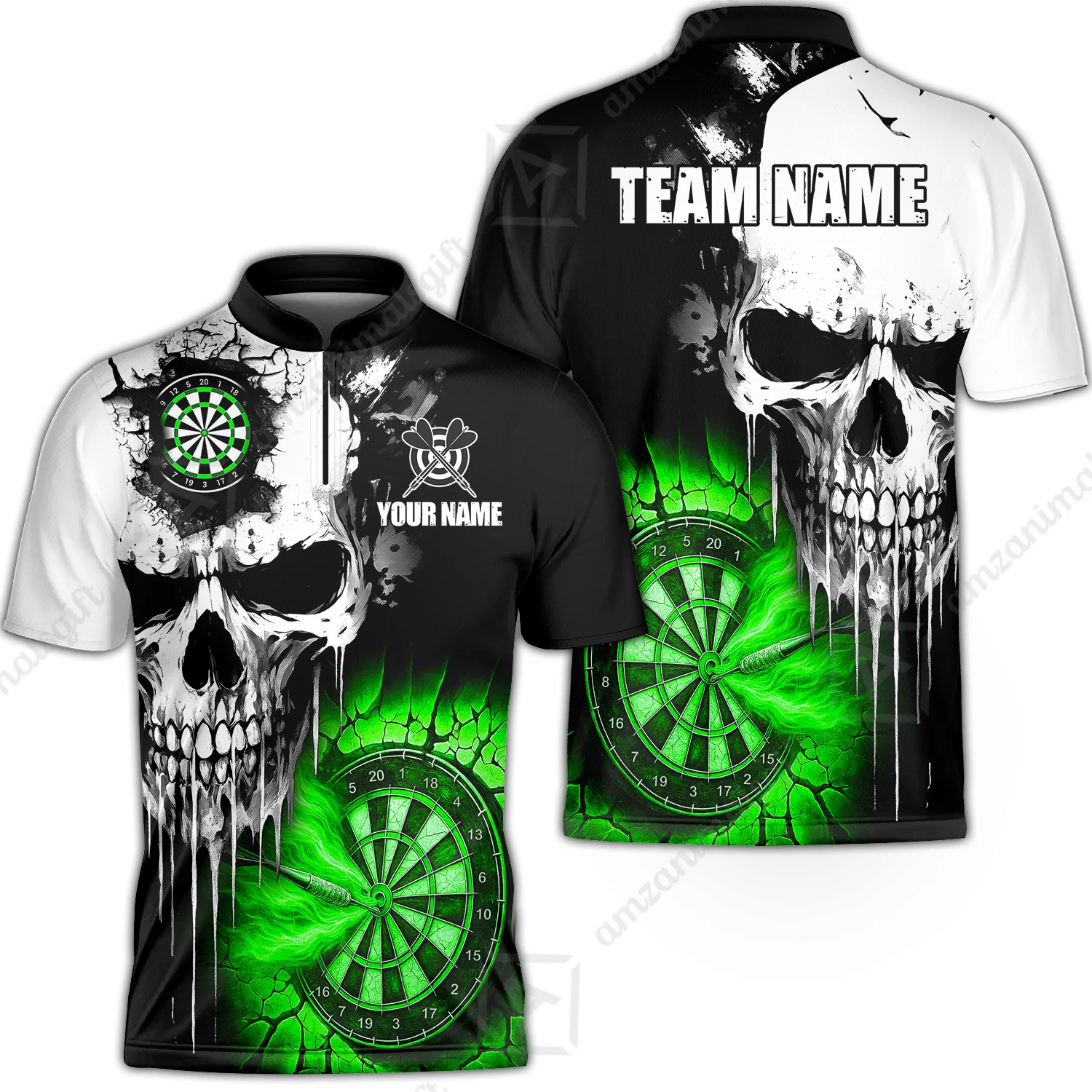 Custom Grunge Skull Crack Wall Darts Team Stand Collar Quater-Zip Shirts, Custom Darts Team Jerseys Uniform - Image 2