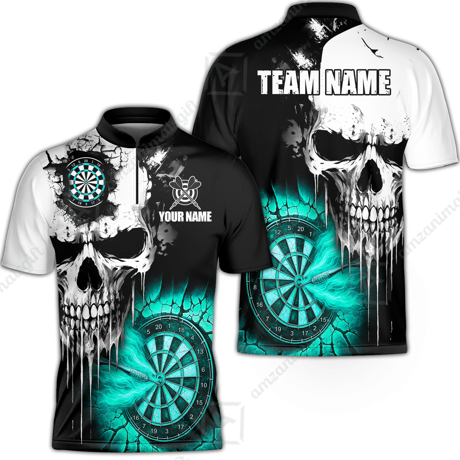 Custom Grunge Skull Crack Wall Darts Team Stand Collar Quater-Zip Shirts, Custom Darts Team Jerseys Uniform - Image 3