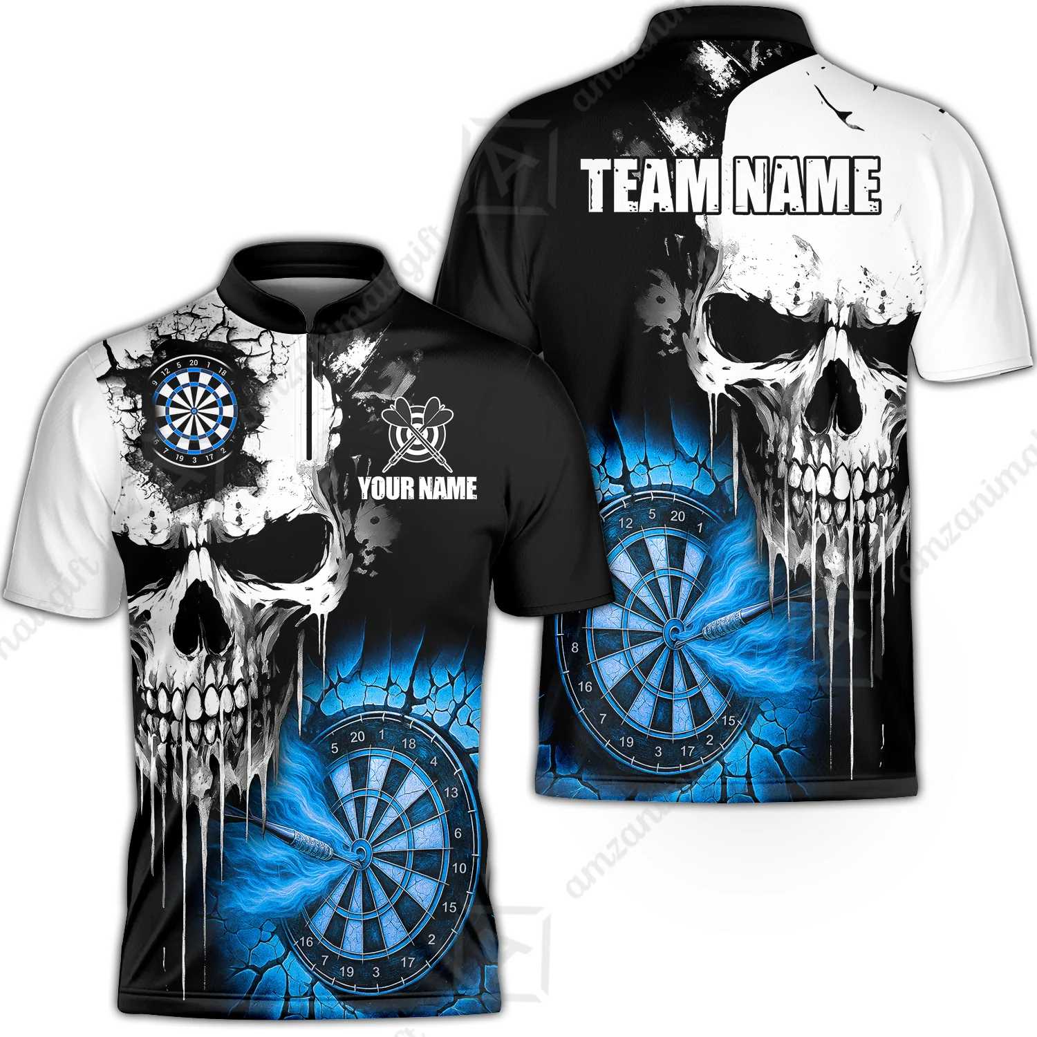 Custom Grunge Skull Crack Wall Darts Team Stand Collar Quater-Zip Shirts, Custom Darts Team Jerseys Uniform - Image 4