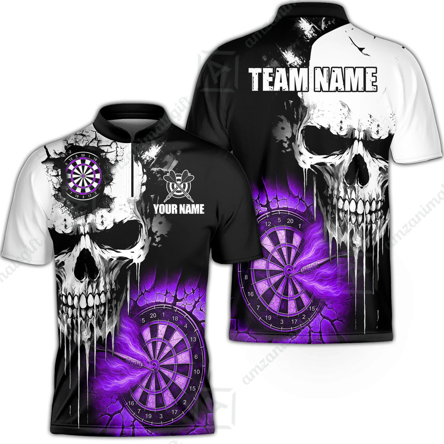 Custom Grunge Skull Crack Wall Darts Team Stand Collar Quater-Zip Shirts, Custom Darts Team Jerseys Uniform - Image 5