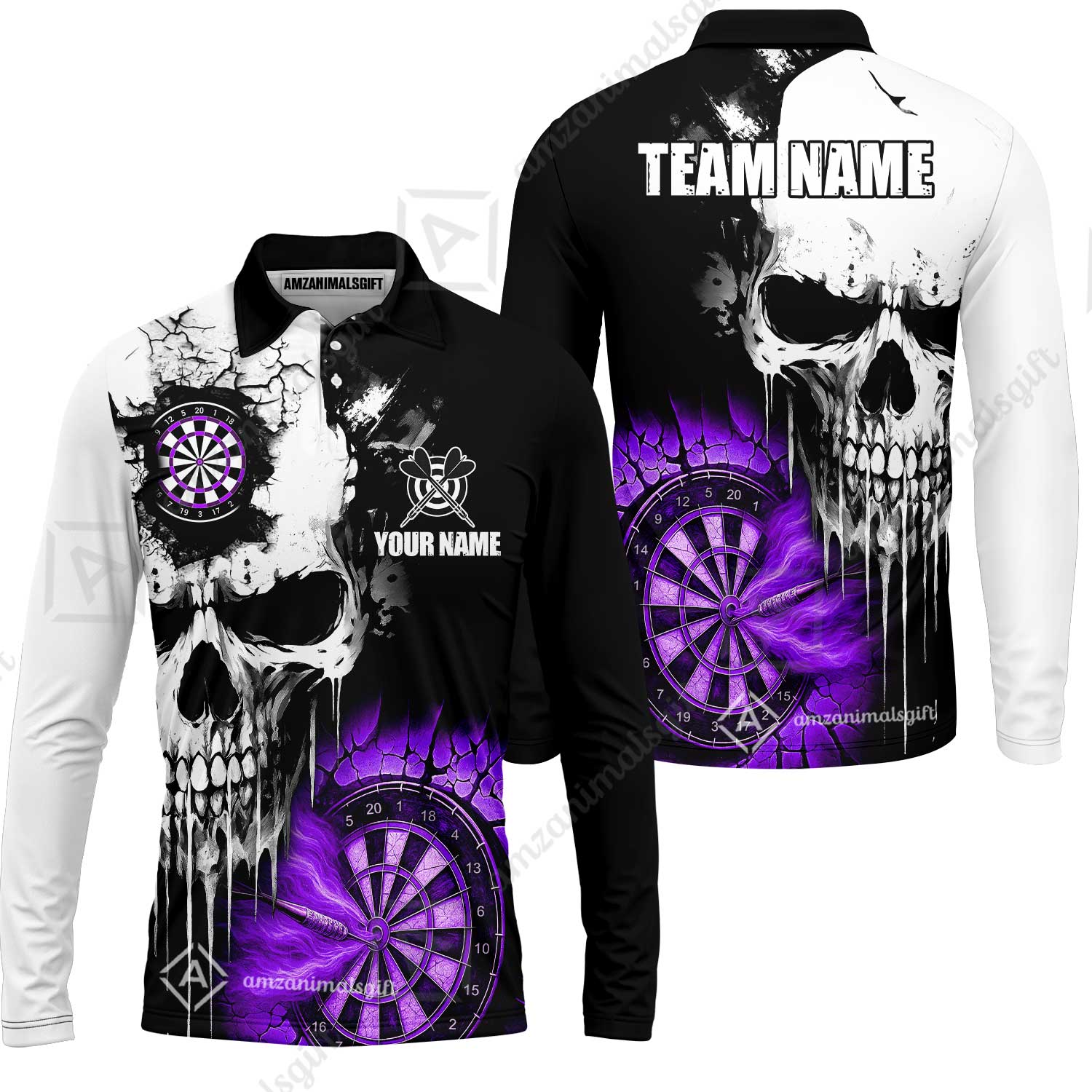 Custom Grunge Skull Crack Wall Darts Team Long Sleeve Polo Shirt, Customized Name Team Name Darts Polo Team Jerseys Uniform - Image 3