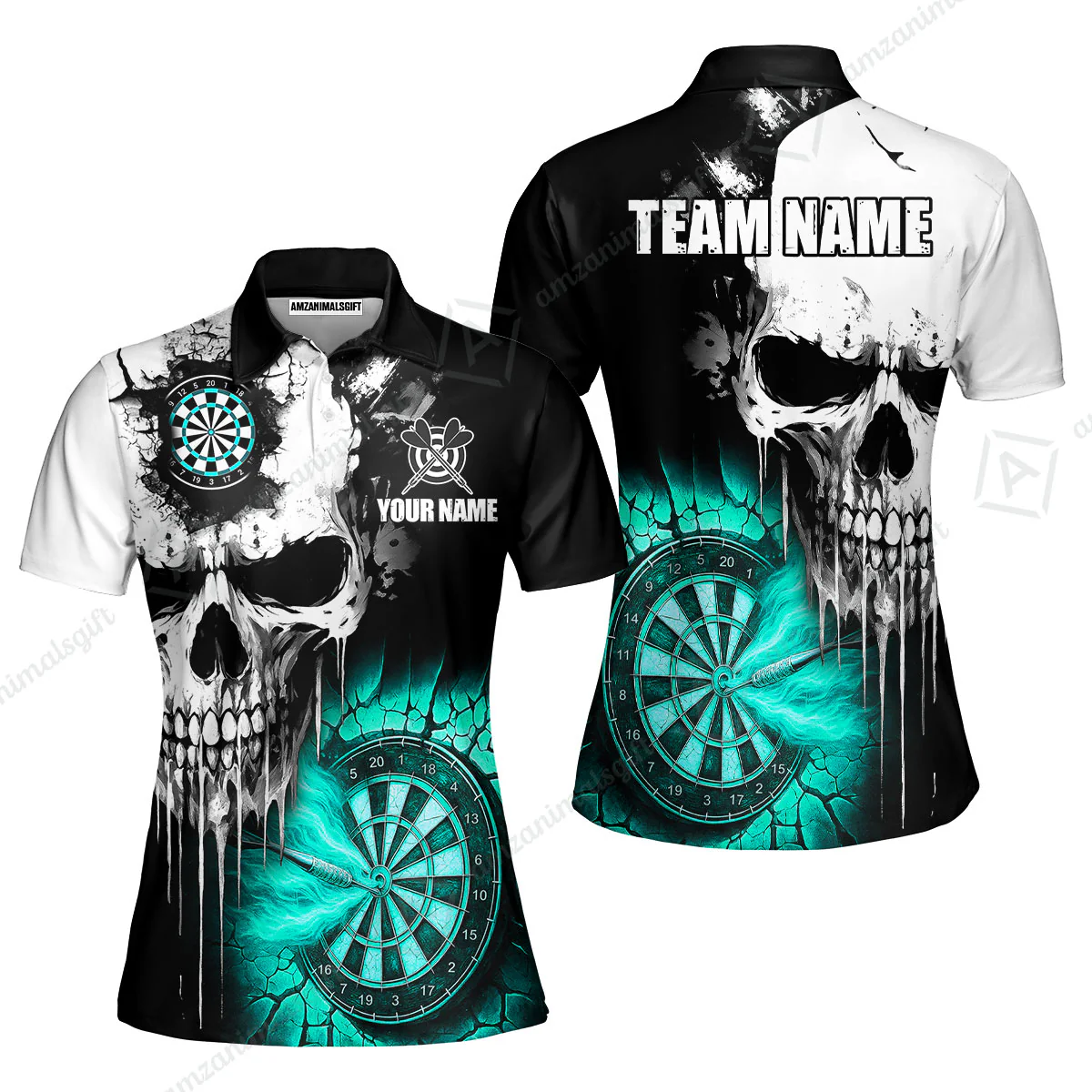 Custom Grunge Skull Crack Wall Darts Team Women Polo Shirts, Customized Name Team Name Darts Polo Team Jerseys Uniform - Image 3
