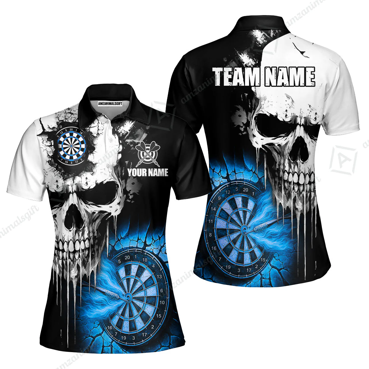 Custom Grunge Skull Crack Wall Darts Team Women Polo Shirts, Customized Name Team Name Darts Polo Team Jerseys Uniform - Image 5