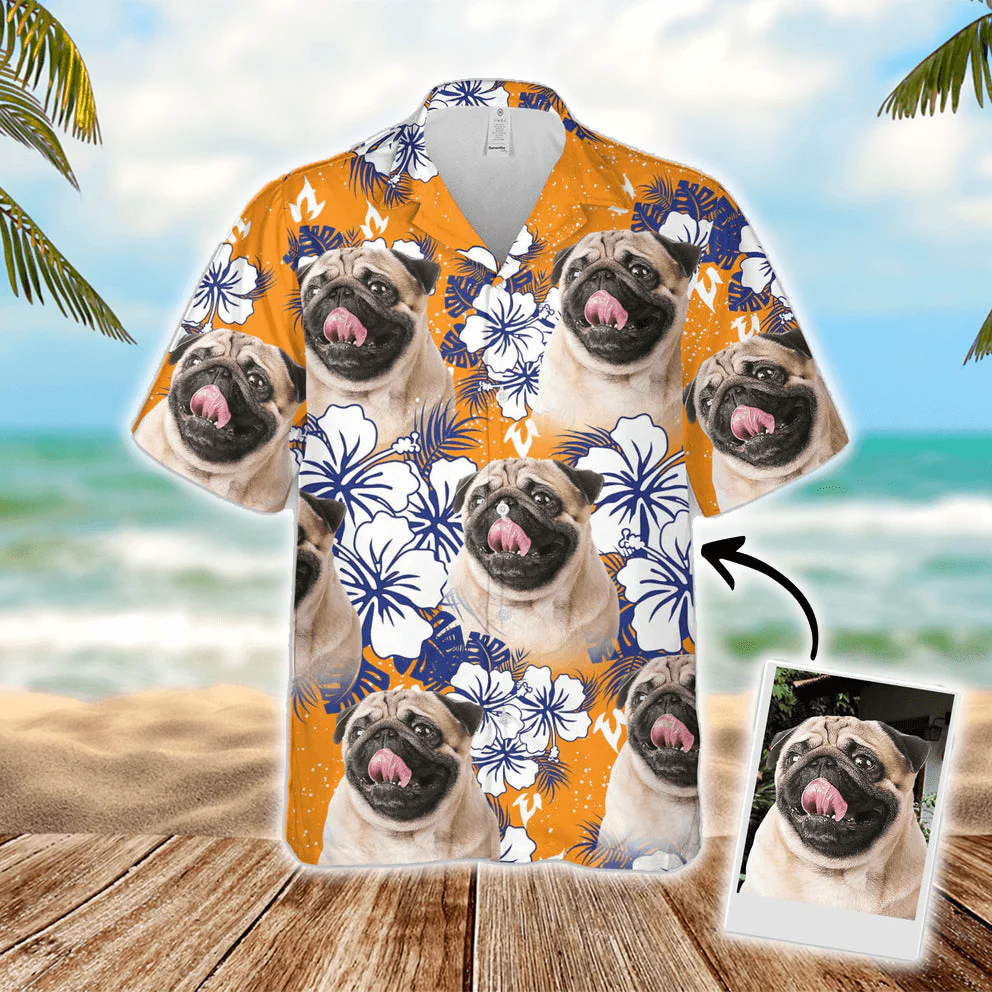 Custom Hawaiian Shirt With Dog & Cat Face - Flowers Pattern Orange Color Aloha Shirt - Personalized Hawaiian Shirt For Men & Women, Pet Lovers