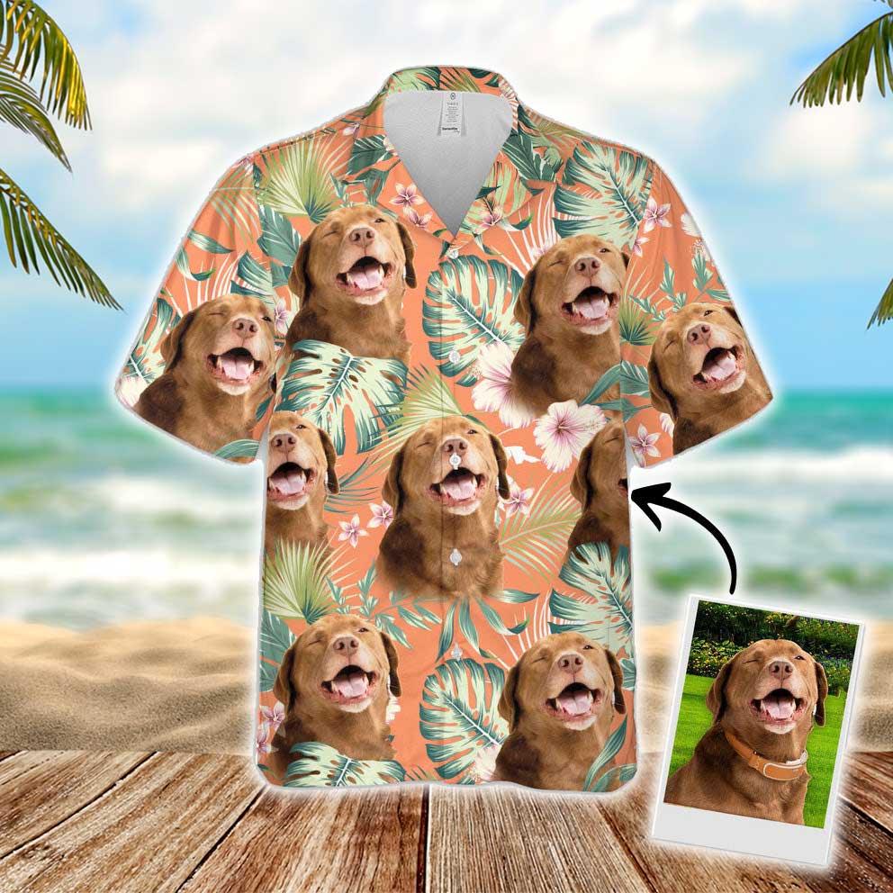 Custom Hawaiian Shirt With Dog Face - Leaves & Flowers Pattern Carrot Color Aloha Shirt - Personalized Hawaiian Shirt For Men & Women, Dog Lovers