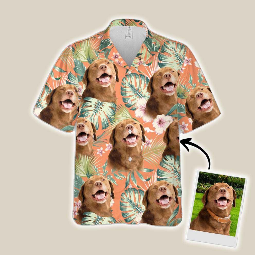 Custom Hawaiian Shirt With Dog Face - Leaves & Flowers Pattern Carrot Color Aloha Shirt - Personalized Hawaiian Shirt For Men & Women, Dog Lovers - Image 2