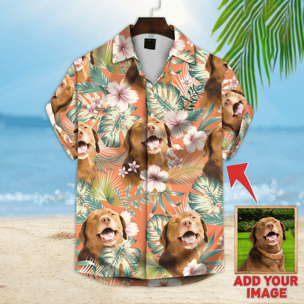 Custom Hawaiian Shirt With Dog Face - Leaves & Flowers Pattern Carrot Color Aloha Shirt - Personalized Hawaiian Shirt For Men & Women, Dog Lovers - Image 3
