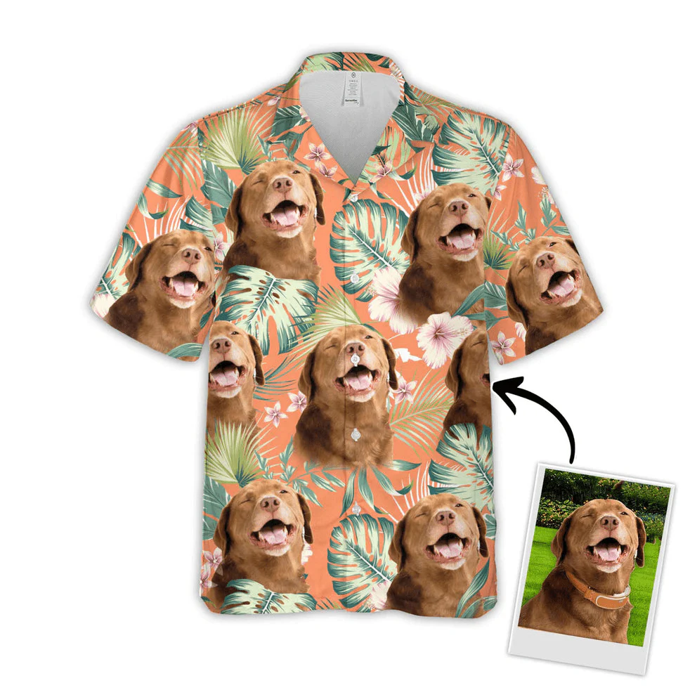 Custom Hawaiian Shirt With Dog Face - Leaves & Flowers Pattern Carrot Color Aloha Shirt - Personalized Hawaiian Shirt For Men & Women, Dog Lovers - Image 4
