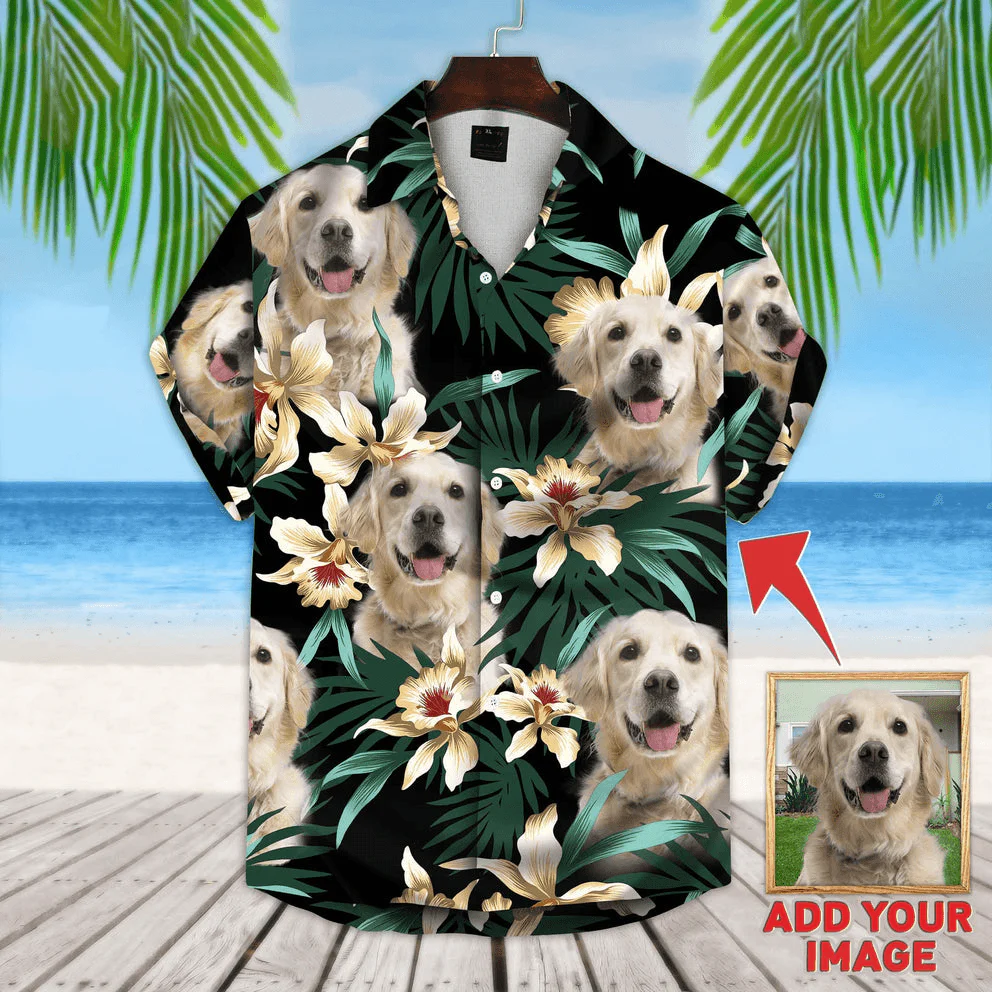 Custom Hawaiian Shirt With Pet Face - Leaves & Flowers Pattern Dark Green Color Aloha Shirt - Personalized Hawaiian Shirt For Men & Women, Pet Lovers - Image 3