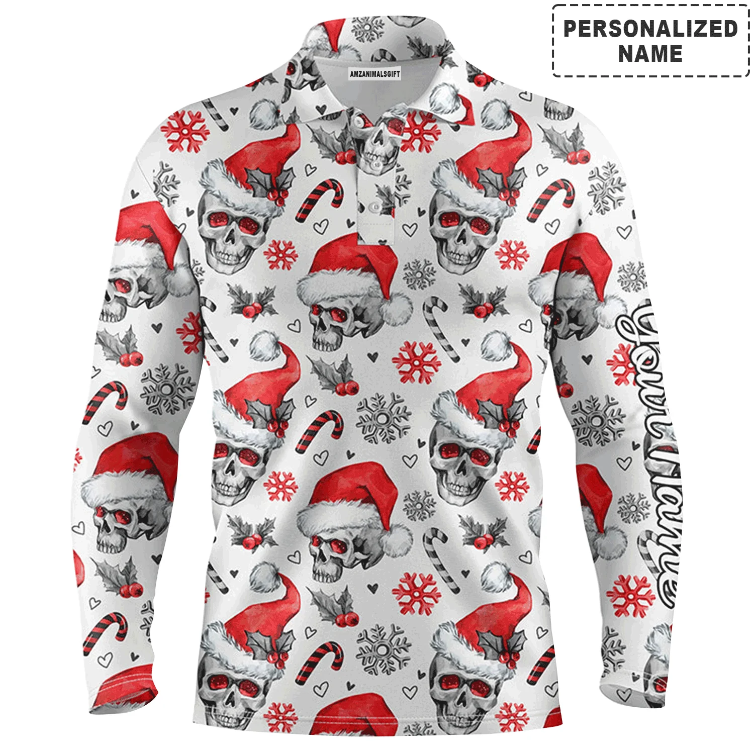 Custom Men Polo Shirt - Funny Christmas Men Polo Shirt, Skull Pattern Custom Name Apparel Men Polo Shirt - Perfect Polo Shirt For Men - Image 2