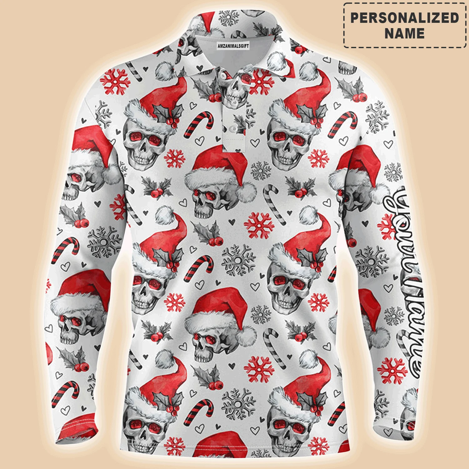 Custom Men Polo Shirt - Funny Christmas Men Polo Shirt, Skull Pattern Custom Name Apparel Men Polo Shirt - Perfect Polo Shirt For Men - Image 3