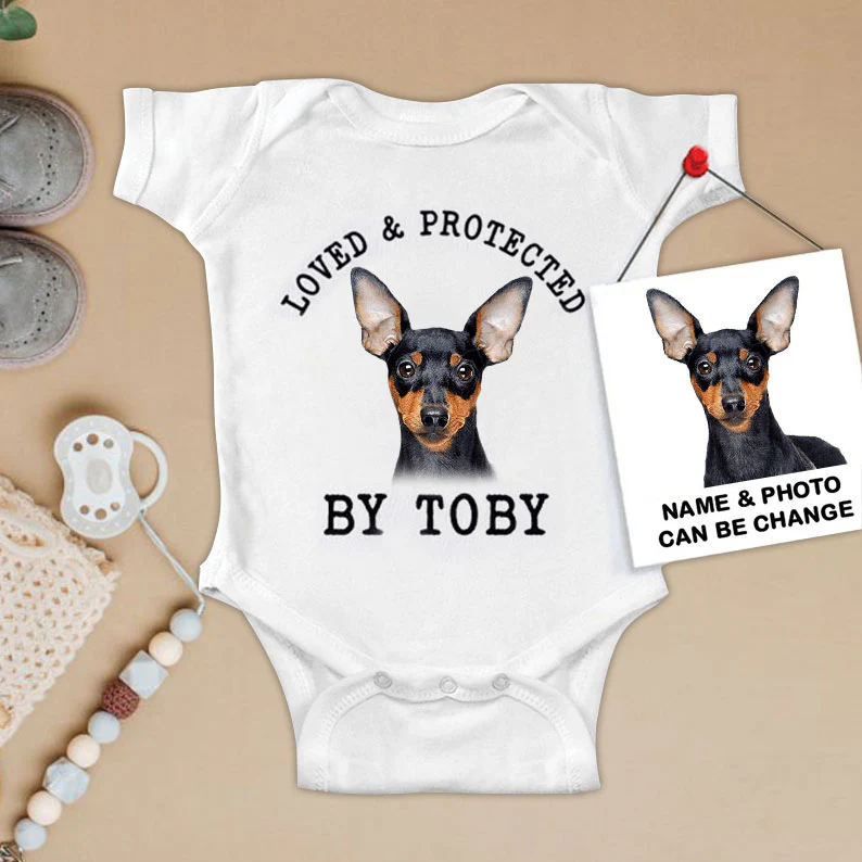 Custom Miniature Pinscher Baby Onesies, Loved & Protected By Custom Dog Newborn Onesies, Personalized Onesies - Perfect Gift For Baby, Baby Gift Onesie - Image 2
