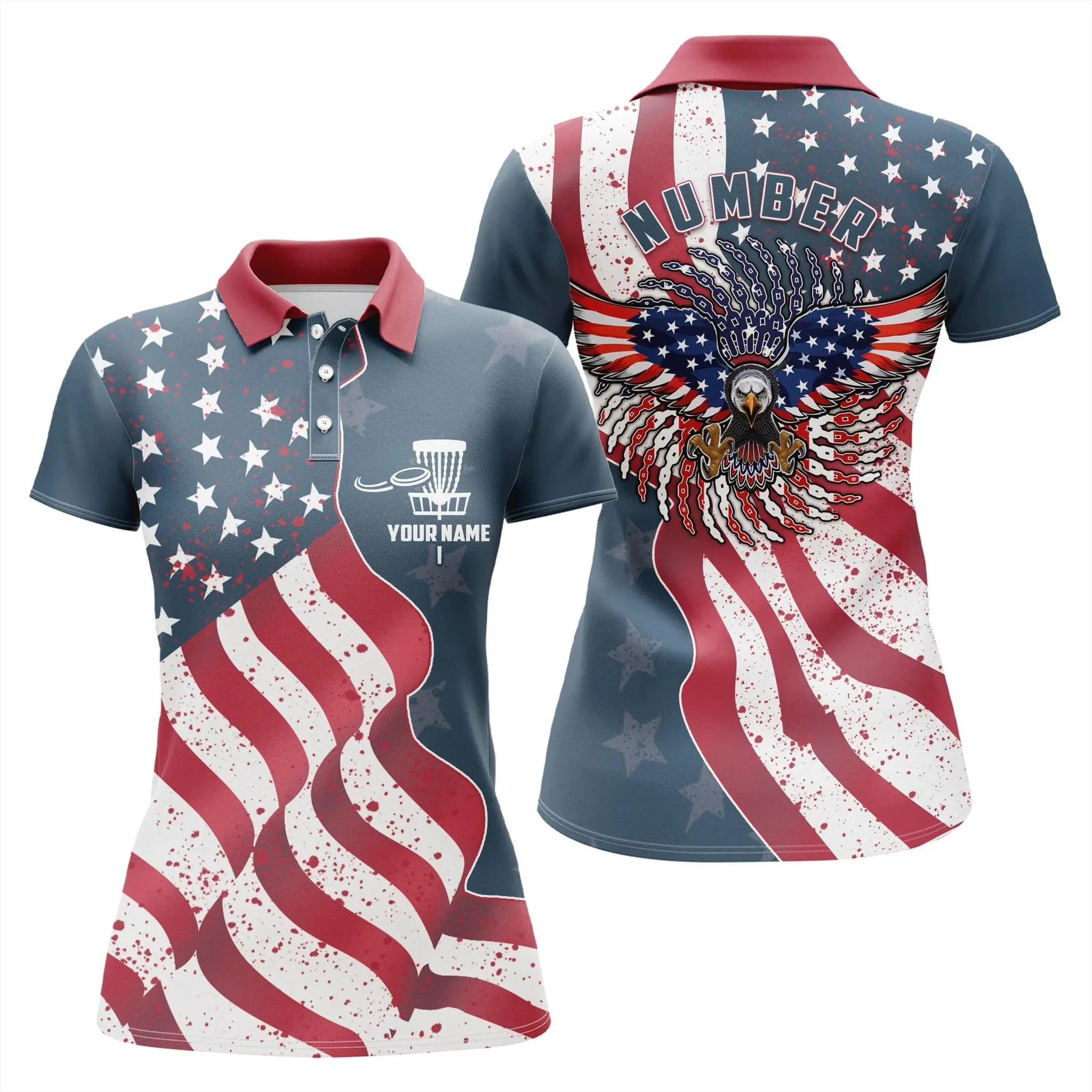 Custom Name And Number Eagle American Flag Patriotic Disc Golf Performance Women Polo Shirts, Perfect Gift For Women - Image 2