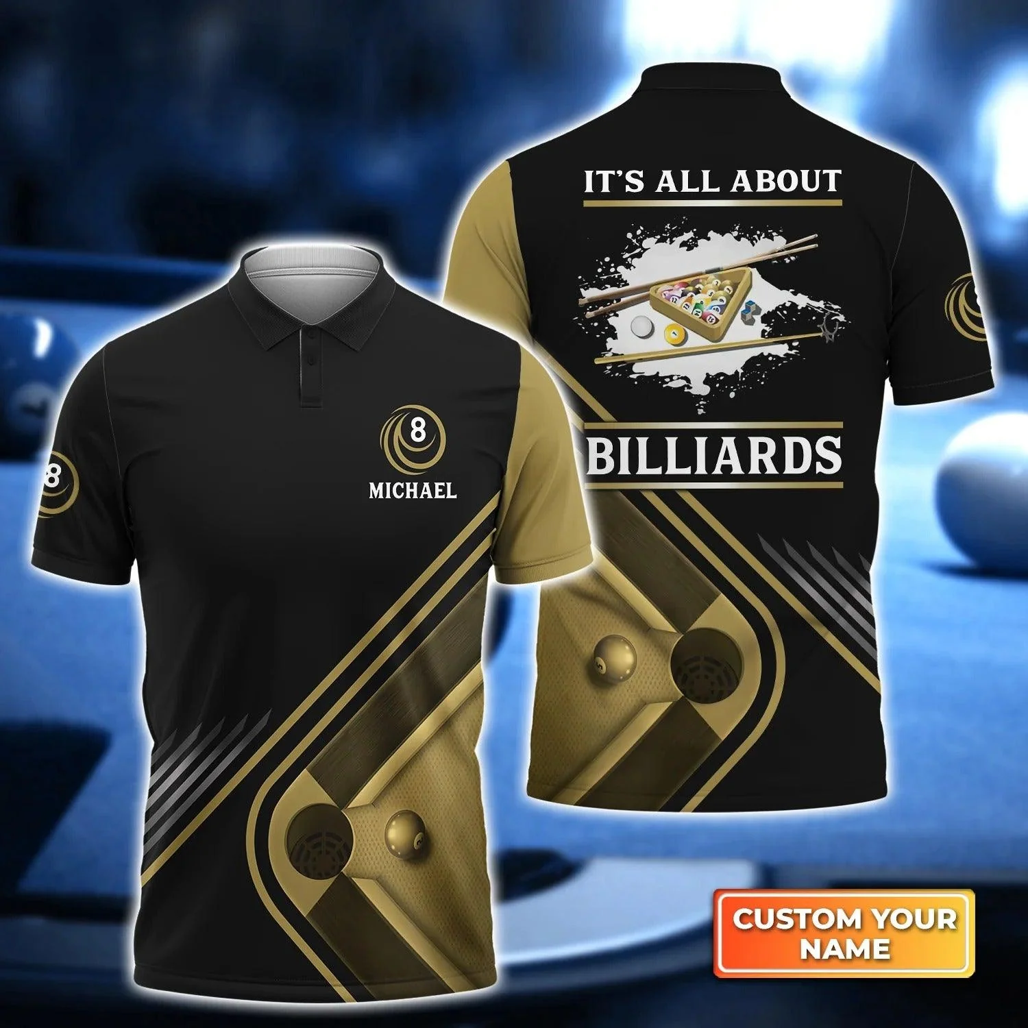 Custom Name Billiard Men Polo Shirt, It’s All About Billiards Personalized 8 Ball Pool Billiards Polo Shirts, Perfect Gift For Men, Billiard Lovers