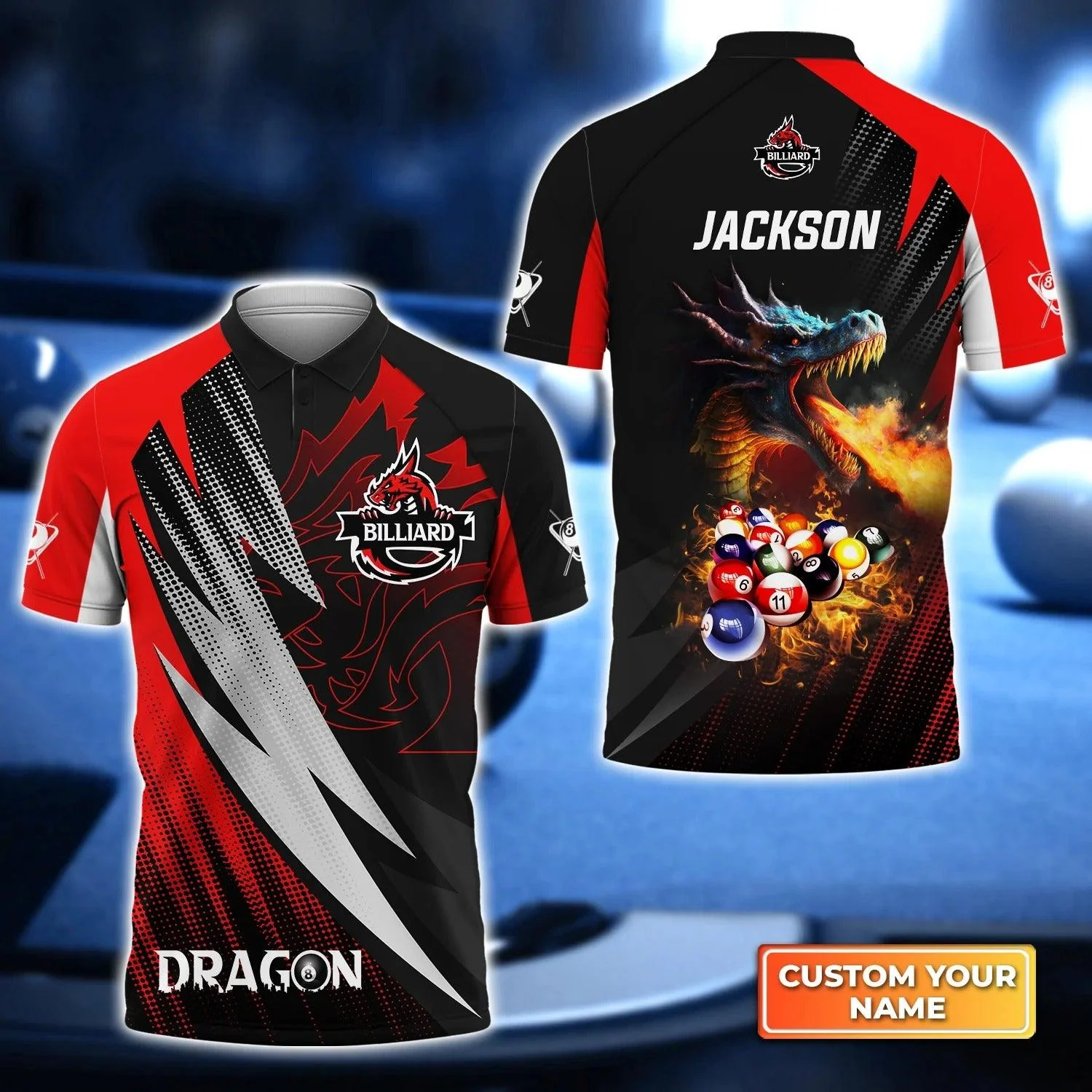 Custom Name Billiard Men Polo Shirt, Personalized Dragon Team On Fire 8 Ball Pool Billiards Polo Shirt, Gift For Billiard Lovers, Billiard Players