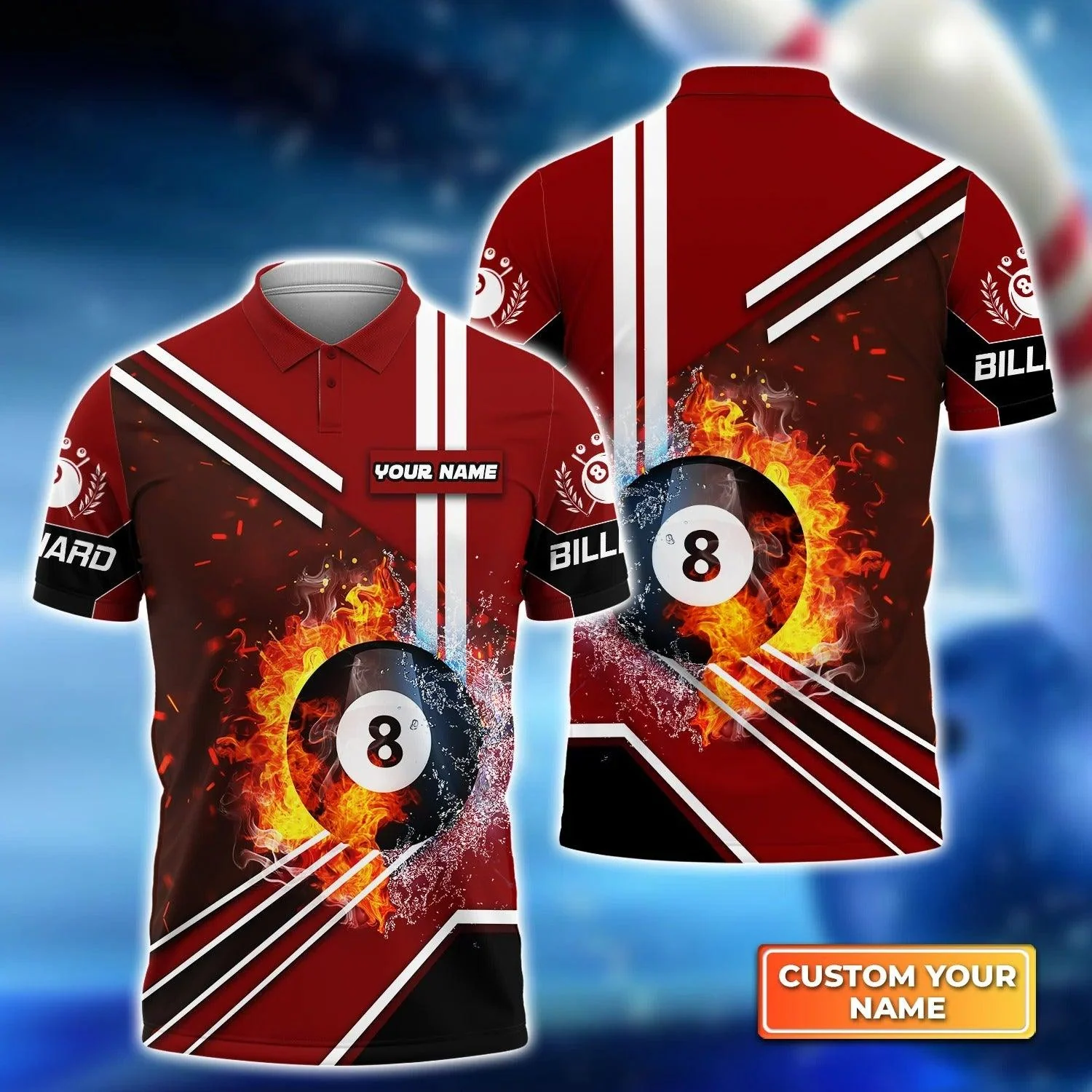 Custom Name Billiard Men Polo Shirt, Personalized Red On Fire 8 Ball Pool Billiards Polo Shirts, Gift For Men, Billiard Lovers, Billiard Players